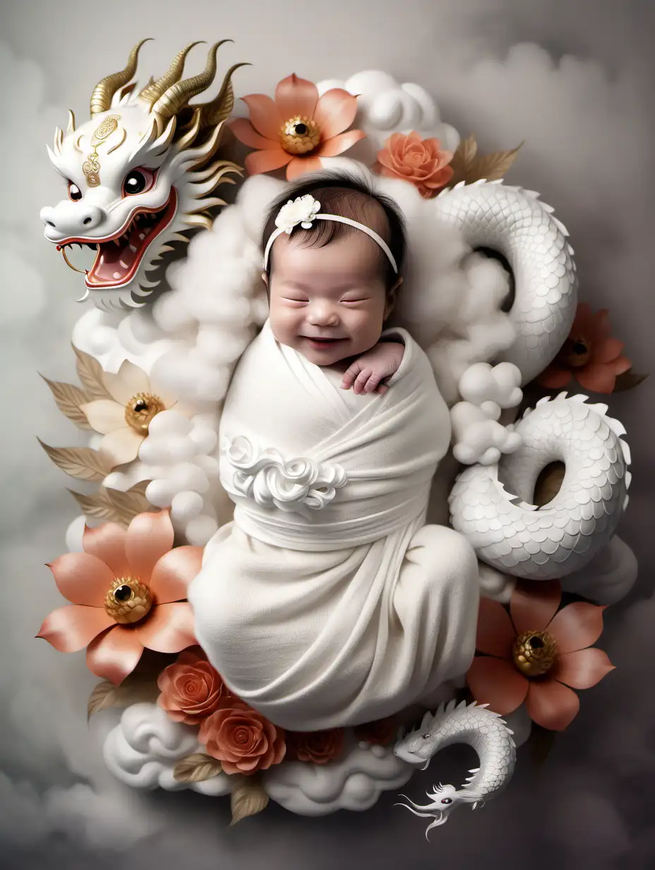 chinese dragon wrapped newborn baby smiling  fantasy background with oriental flowers clouds and chinese dragon in white and clean neutrals girl