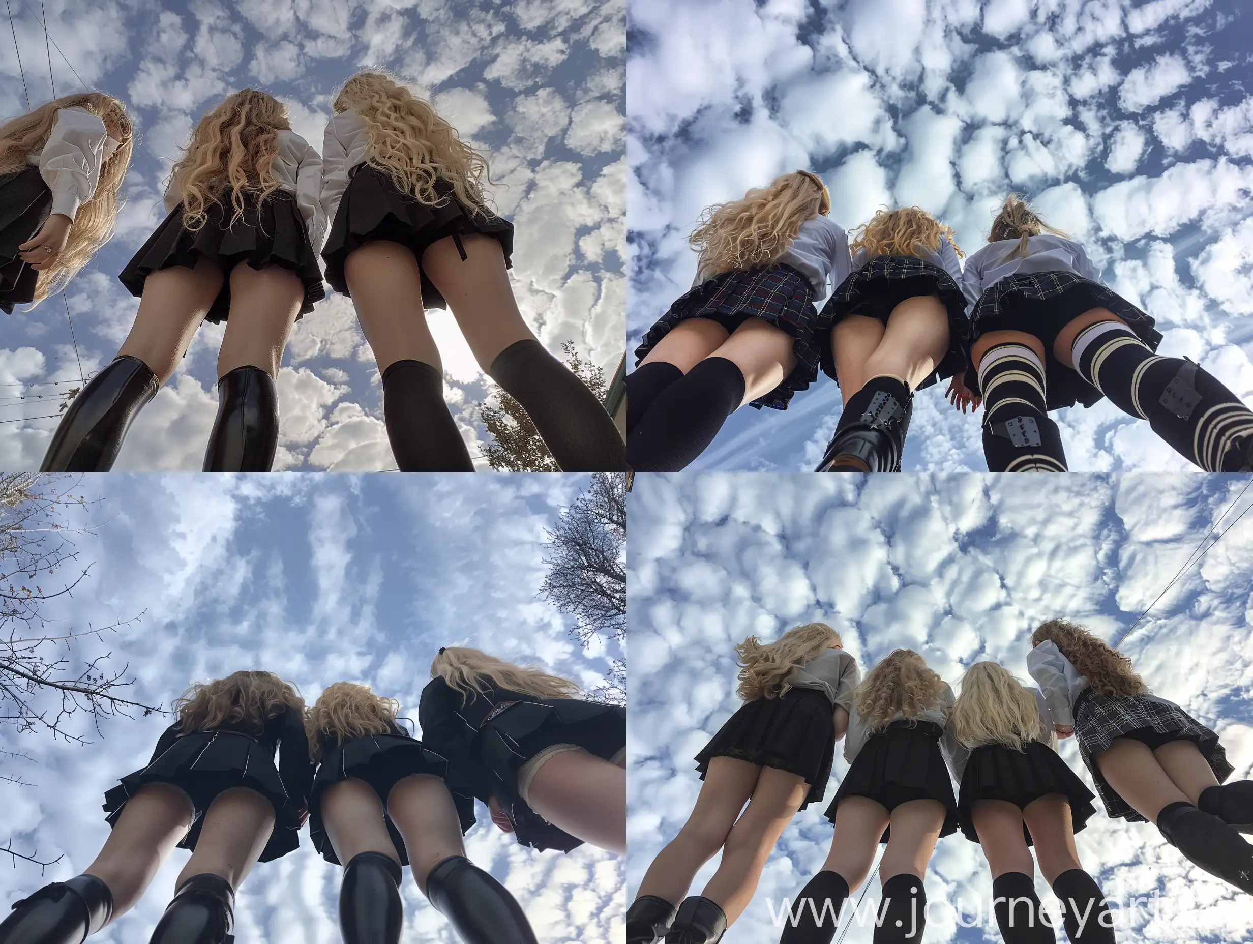 4 girls, blonde hair, 22 years old, back, school uniform,  black boots, curvy, fat legs, ,  no effects, selfie , iphone selfie, no filters, natural ,
 iphone photo natural, camera down angle, sky view, down view
