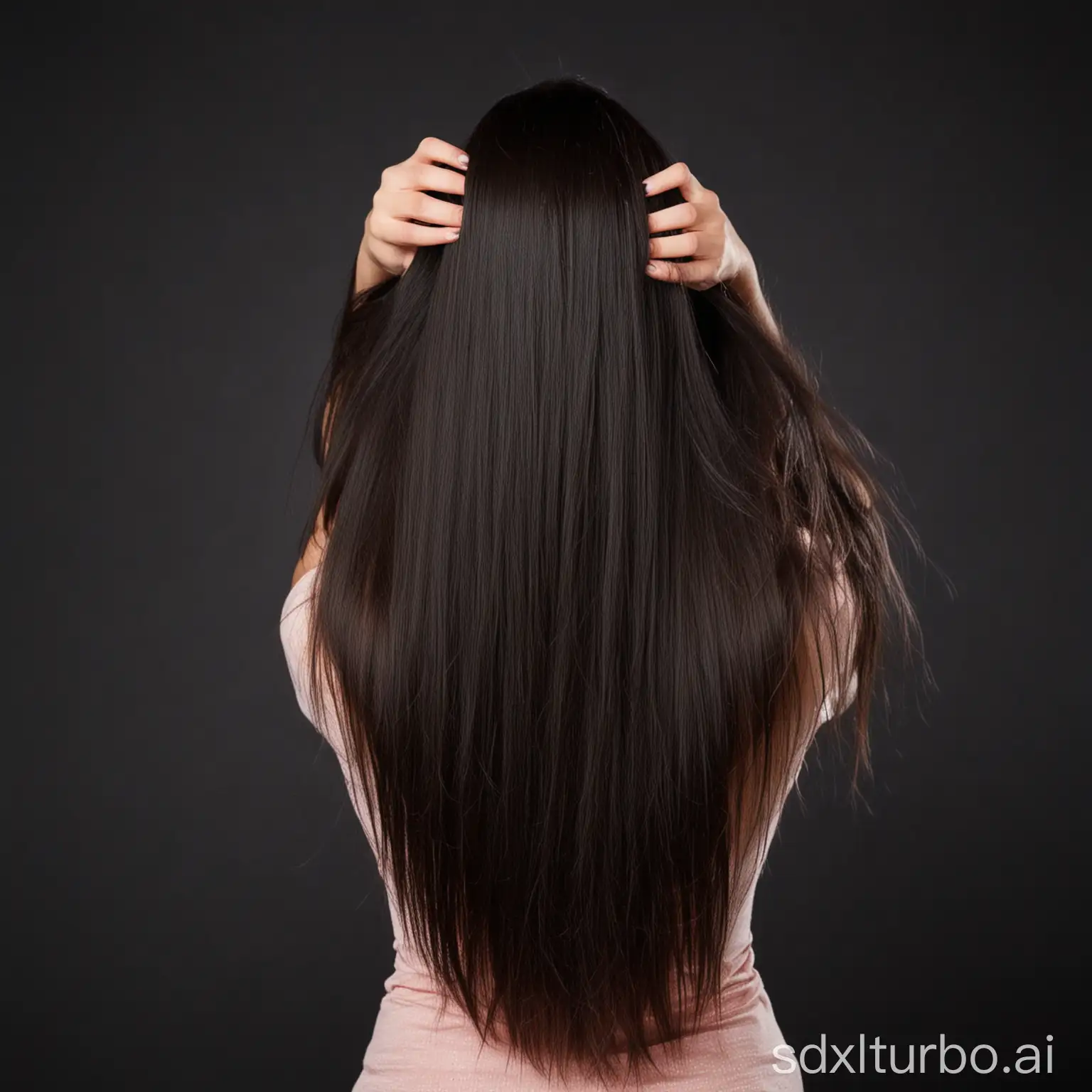 Mujer backwards mostrando su cabello. Full-image, full-cabello. Backward. Mujer  de cabello liso y en movimiento. Fondo negro.