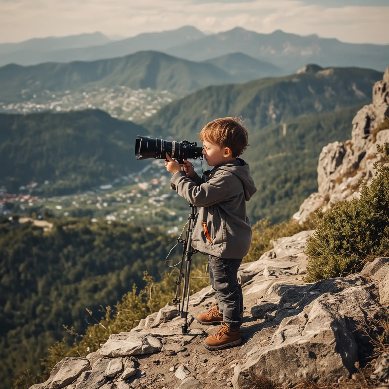 little man with a big camera and lens on a mountain top.