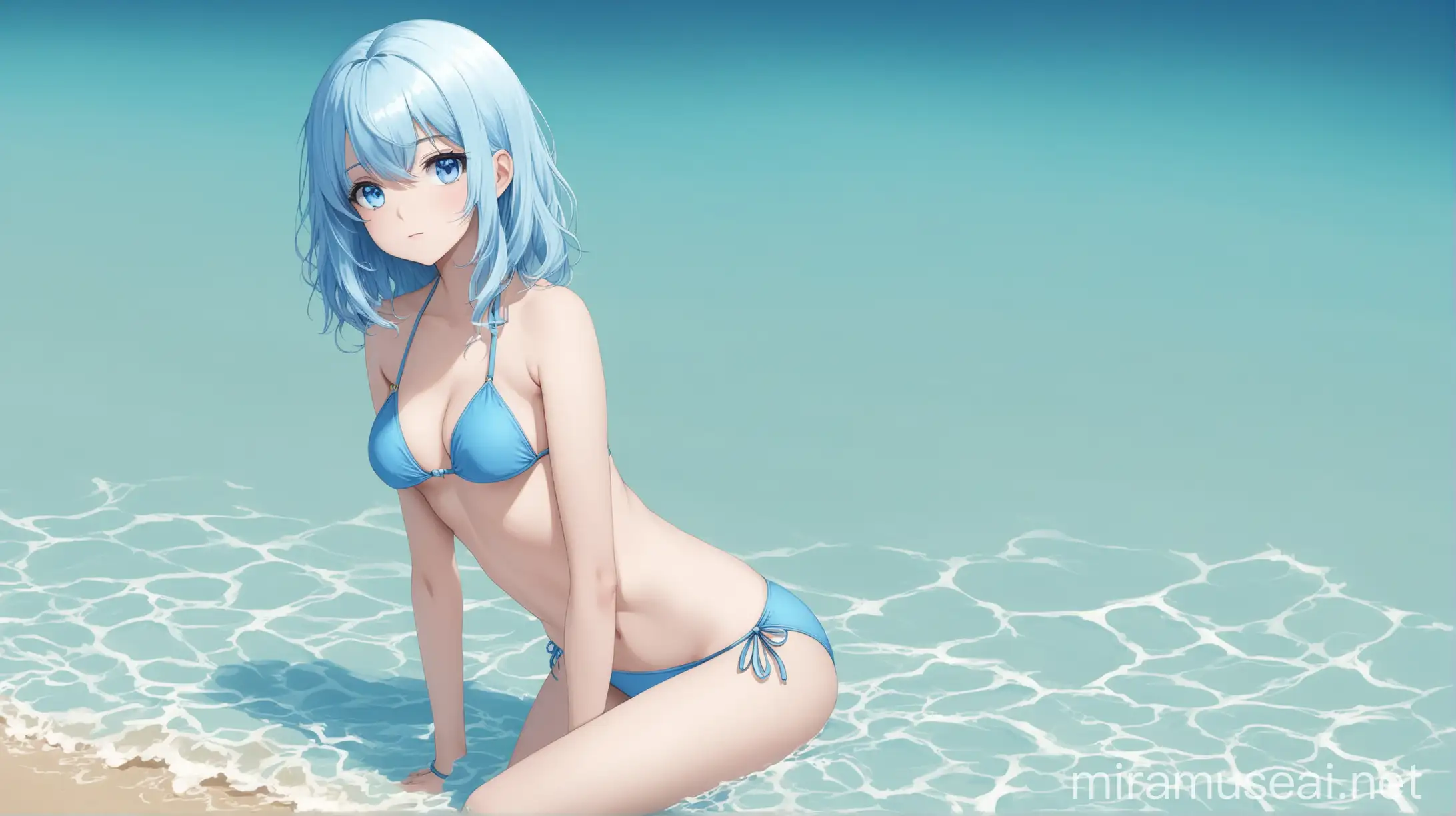 A full-length girl, light blue hair color , blue eyes , in a blue bikini, medium breast size