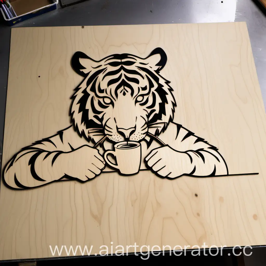 Сделай эскиз для вырезки из фанеры, где тигр пьет кофе