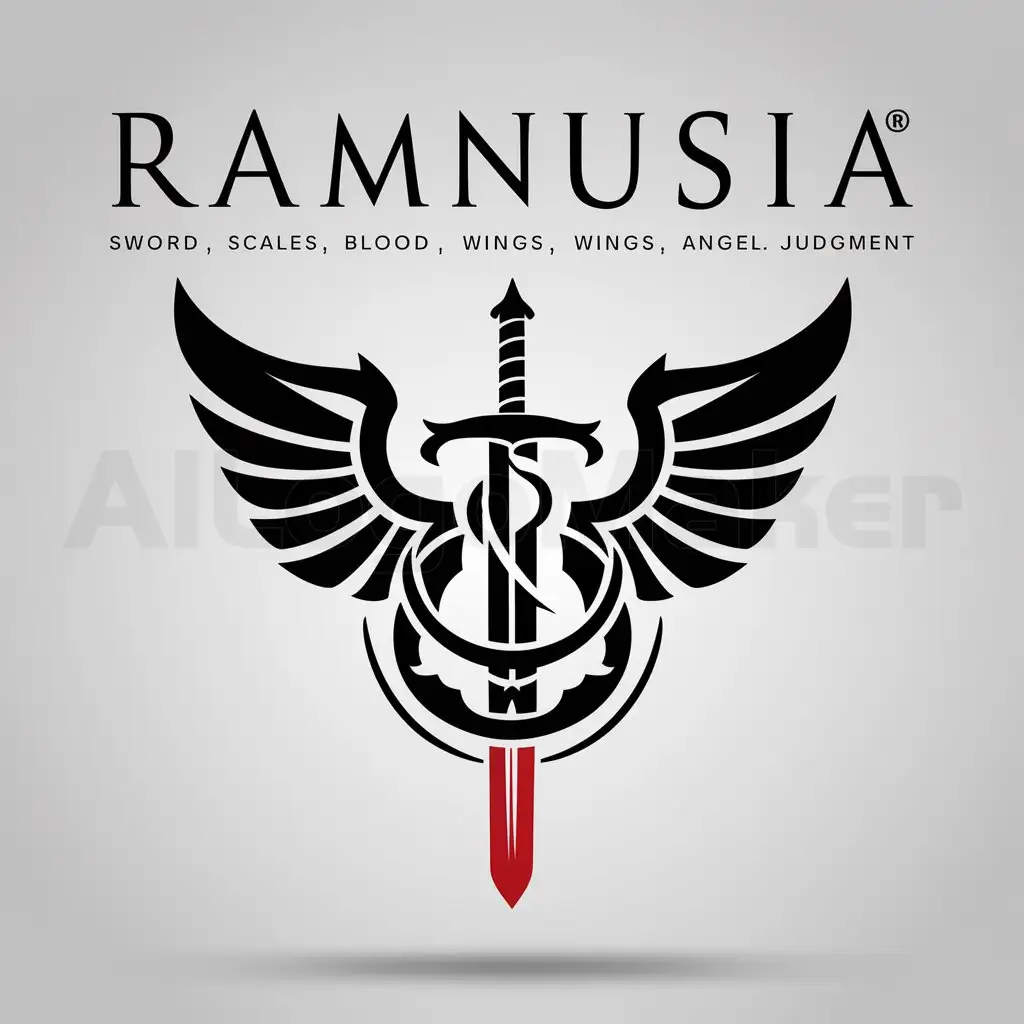 a logo design,with the text "Ramnusia, Sword, Scales, Blood, Shield, Wings, Angel, Judgment, Guild, Logo", main symbol:Nemesis,complex,be used in Others industry,clear background