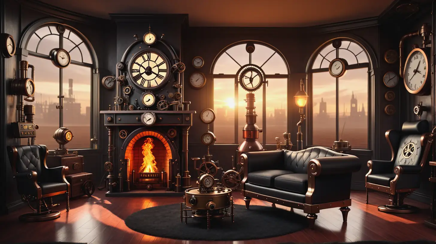 A Steampunk living room at dawn with black leather furniture and a steampunk automaton standing by the fireplace.