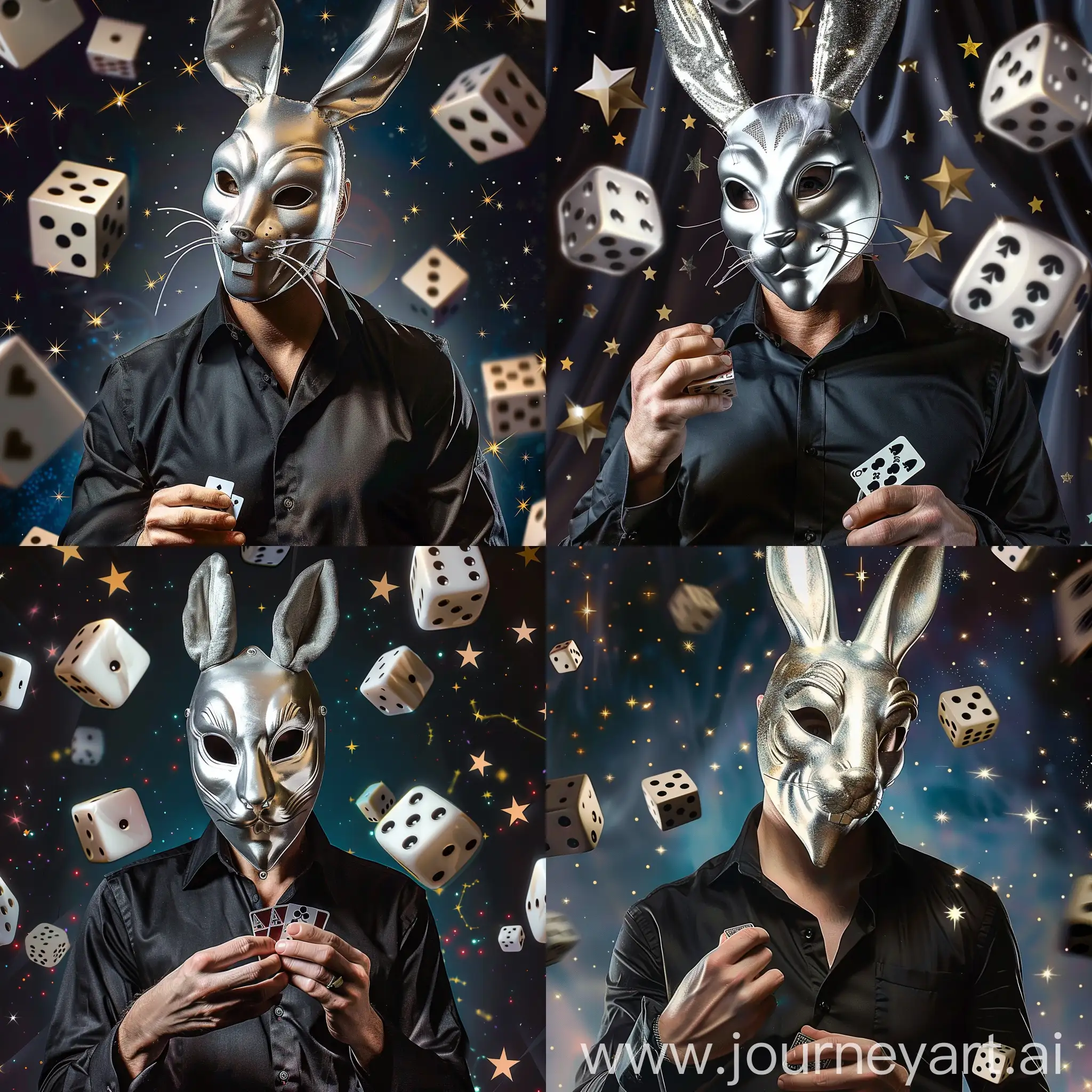 Богатый человек в маске серебристого кролика в белом костюме и черной рубашке держит игральный кубик на фоне игральные кости и звезды