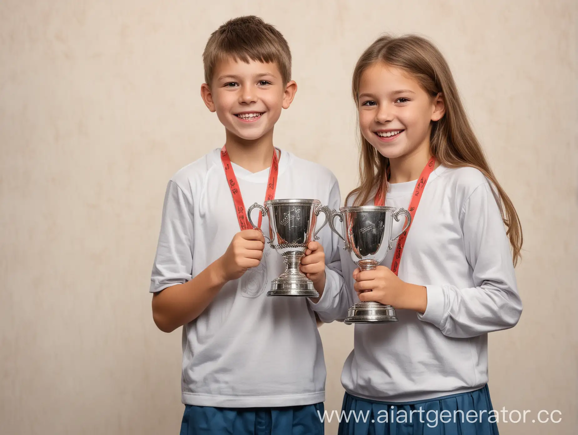 нарисуй мальчика и девочку 12 лет, которые выиграли кубок на соревнованиях и очень этому рады
