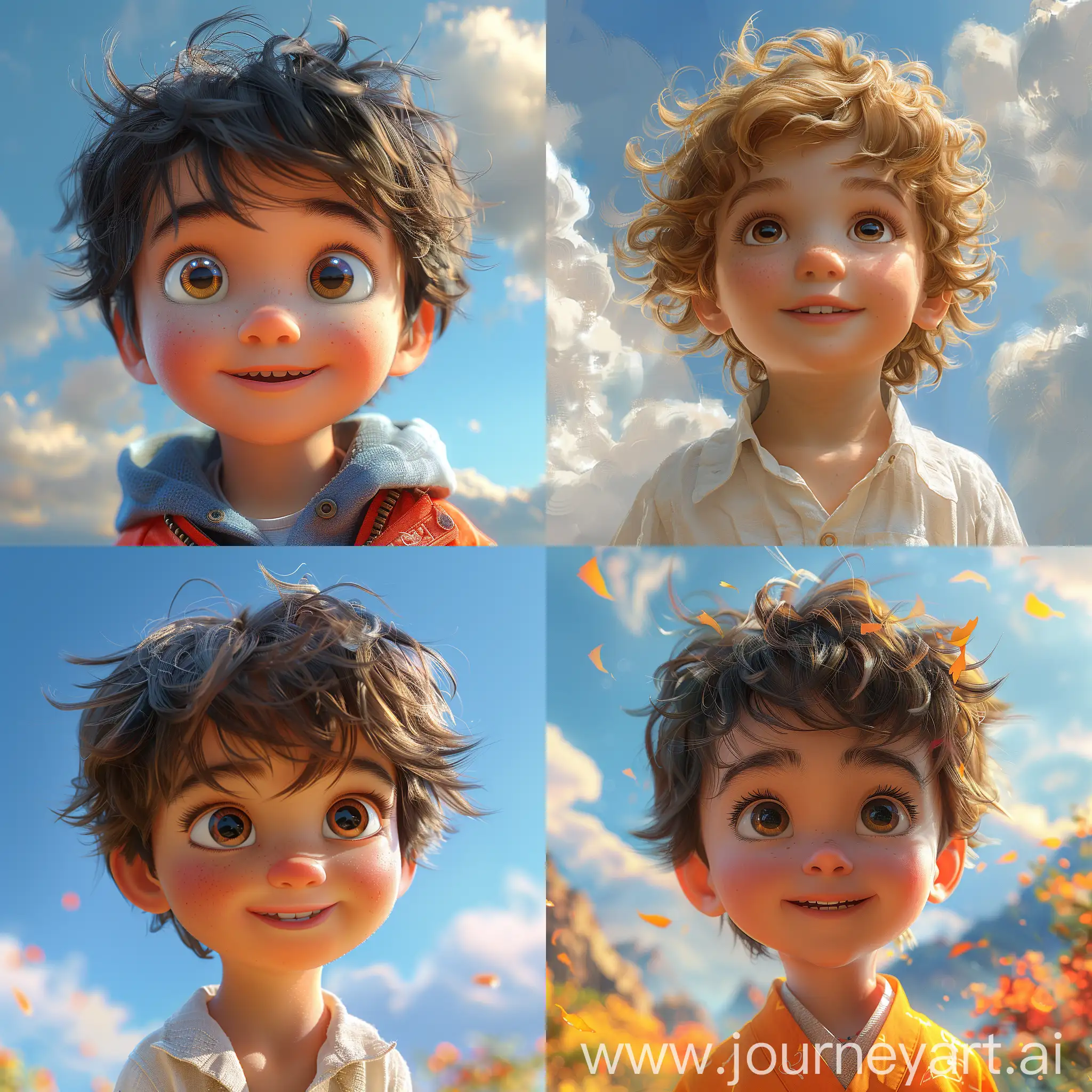 A young boy, Disney Prince, baby face, exquisite facial features, big eyes, high nose, smiling lips, fantastic style, vast sky, bold and colorful portraits, bayard wu, rtx, spotlight, game cg, 3D, --iw 0.5 --s 750