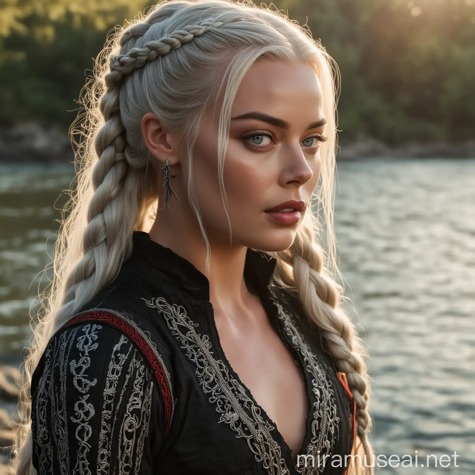 Margot Robbie en tant que princesse de la Maison Targaryen de l'Ancienne Valyria aux yeux clairs avec de longs cheveux blancs-argentés coiffés avec des tresses, portant une longue robe noire et rouge typiquement Targaryen, se tenant devant une rivière ensoleillée