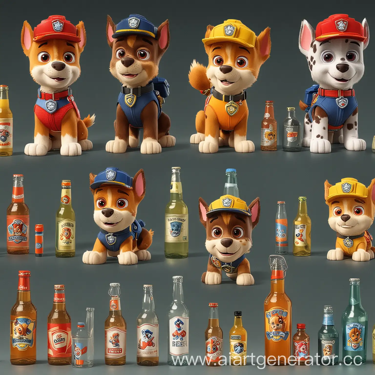 Персонажи мультфильма щенячий патруль. Алкогольное опьянение. Бутылки пива. 
