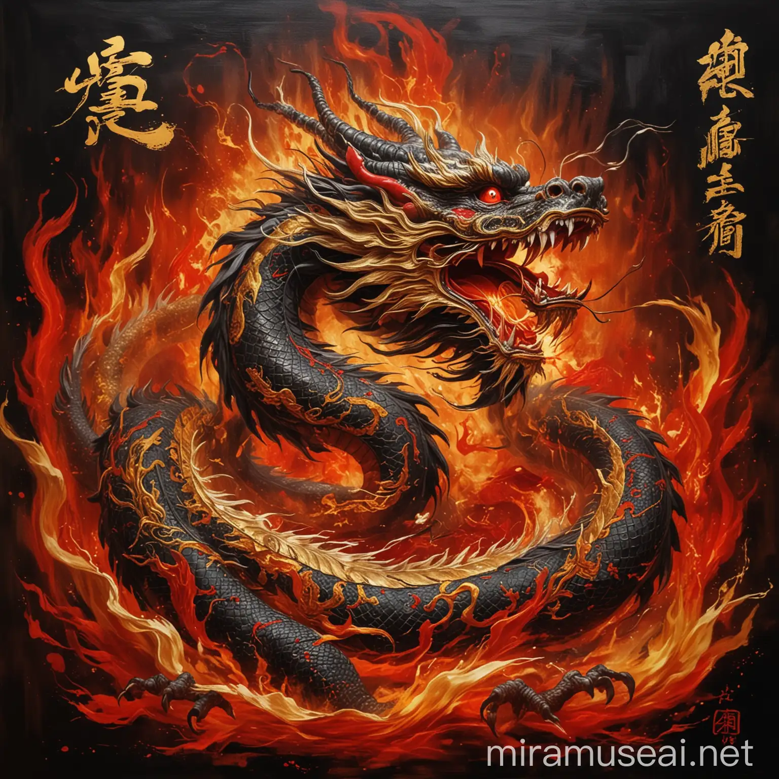 Ancient Chinese Dragon Painting in Golden and Black with Fiery Red Accents