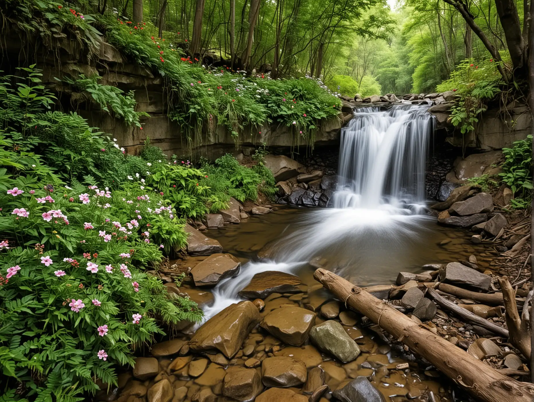 waterfall flowers small creek forest relax relieve stress