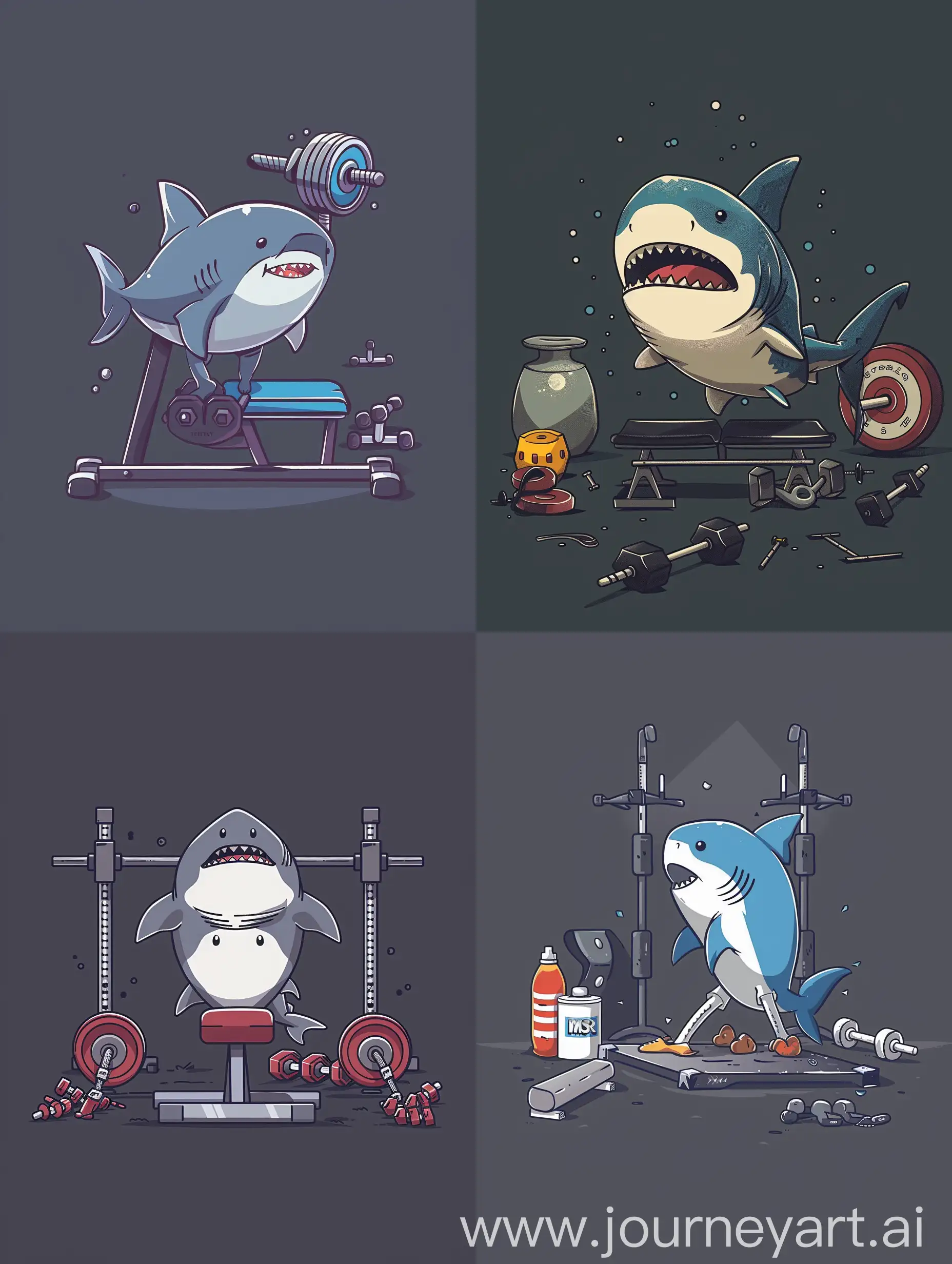 thin line style chibi cute shark doing gym, with solid dark grey background, small object and center concentrated image, far view point