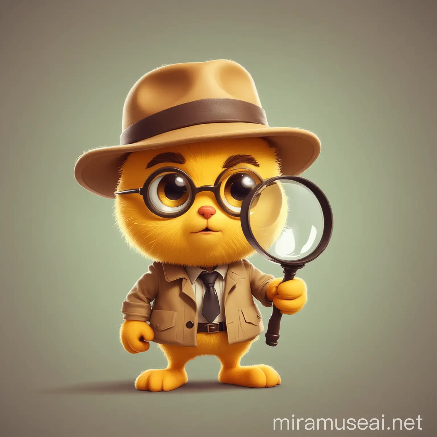 Draw a cute, curious mascot, like a small detective with a hat and a magnifying glass,make it with a bright yellow. cartoon style