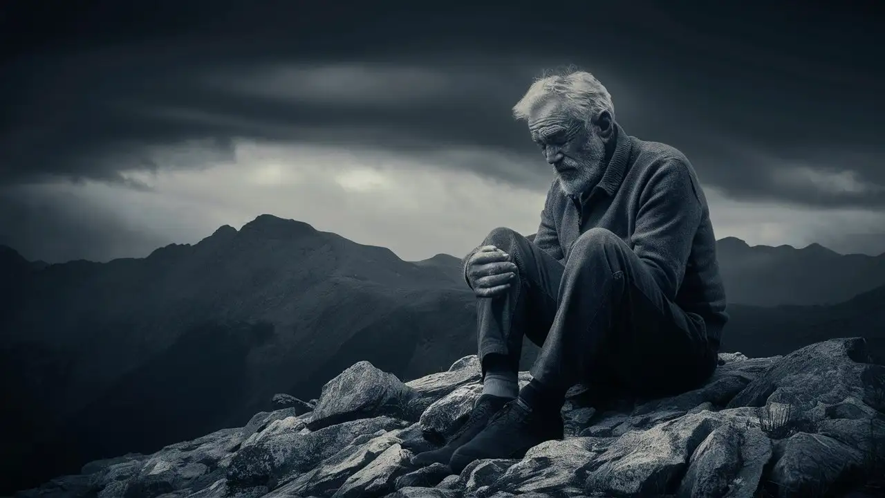 sad old man, on mountain, dark cloudy background