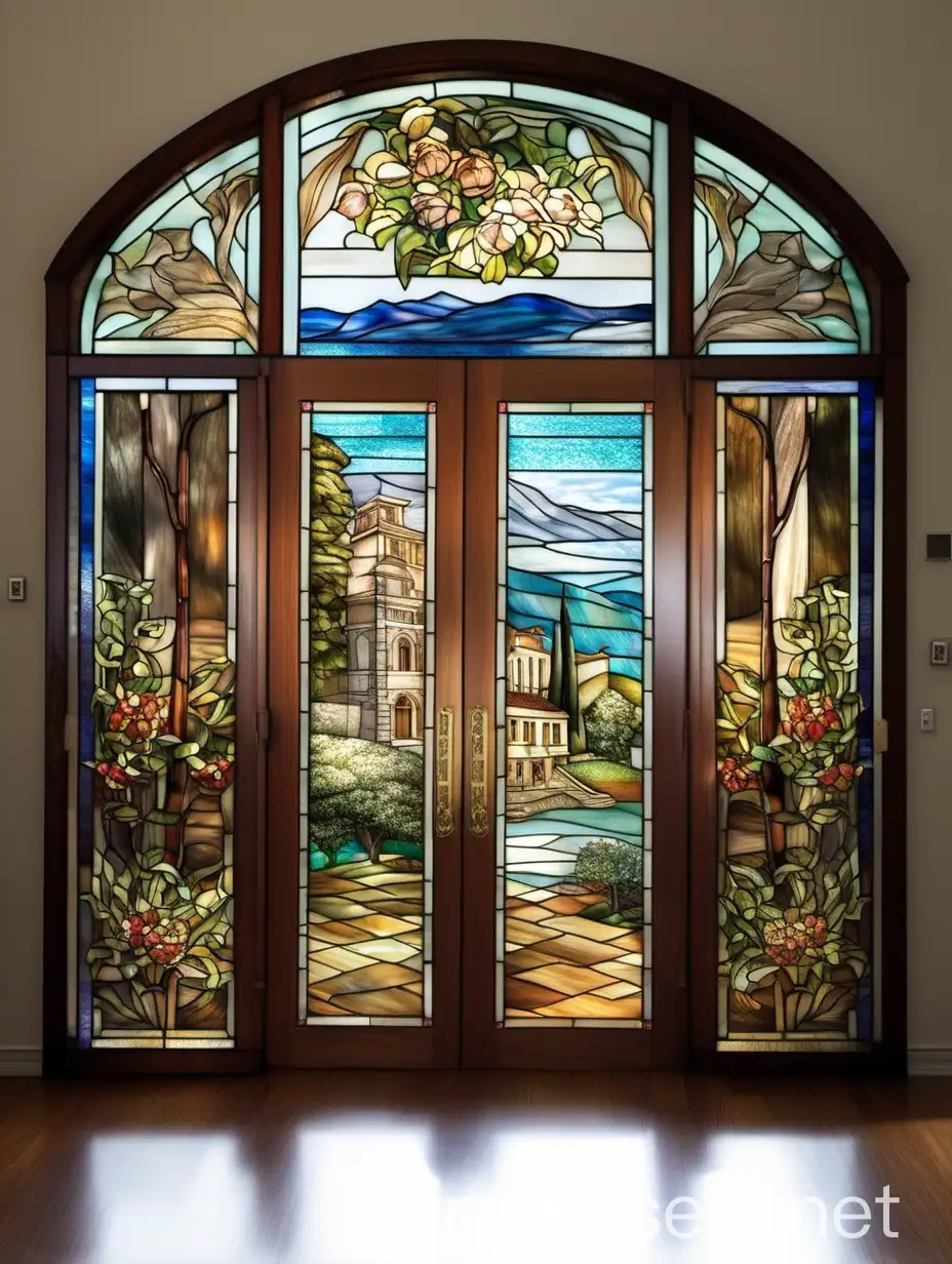 Classic Italian Landscape Tiffany Stained Glass Window Adorning Living Room Door