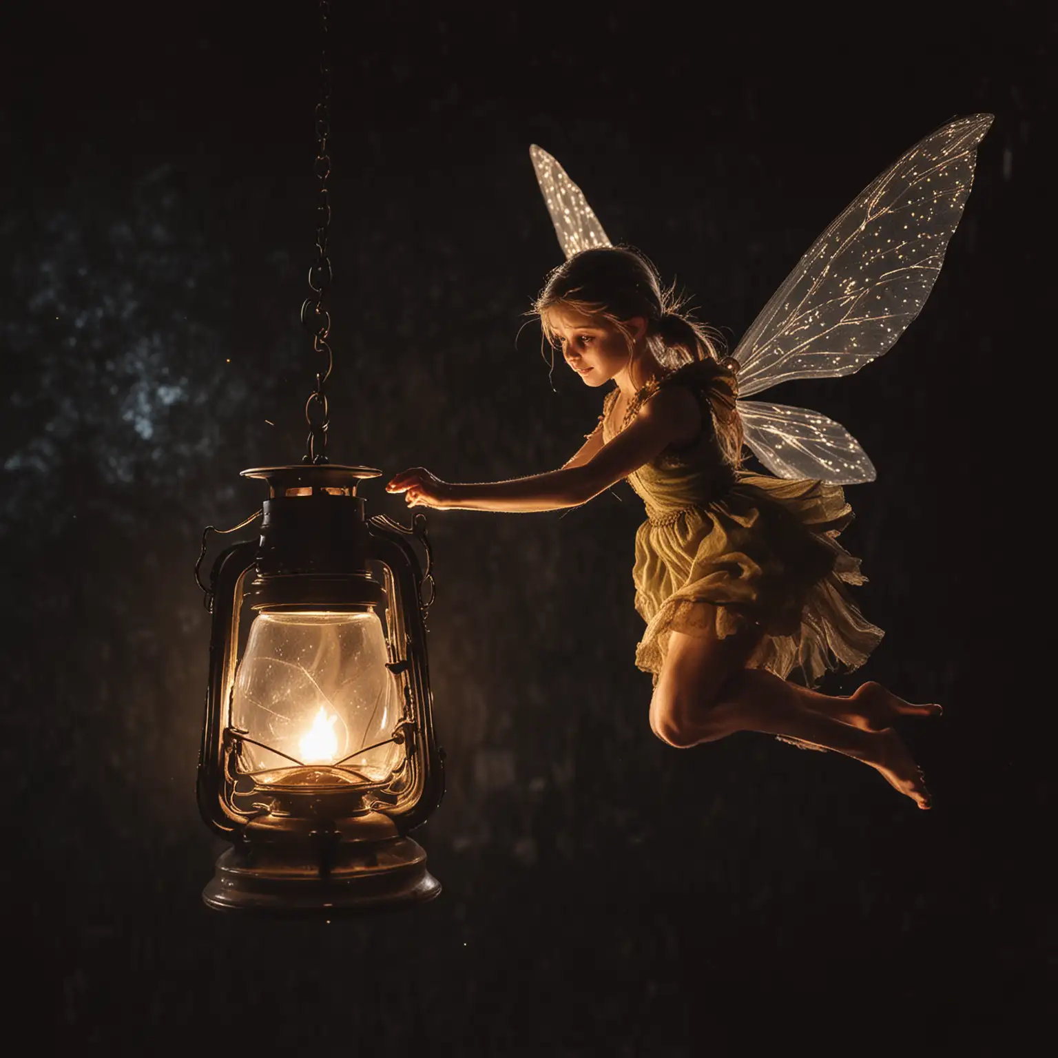 Fairy Flying Inside Old Oil Lamp in Darkness