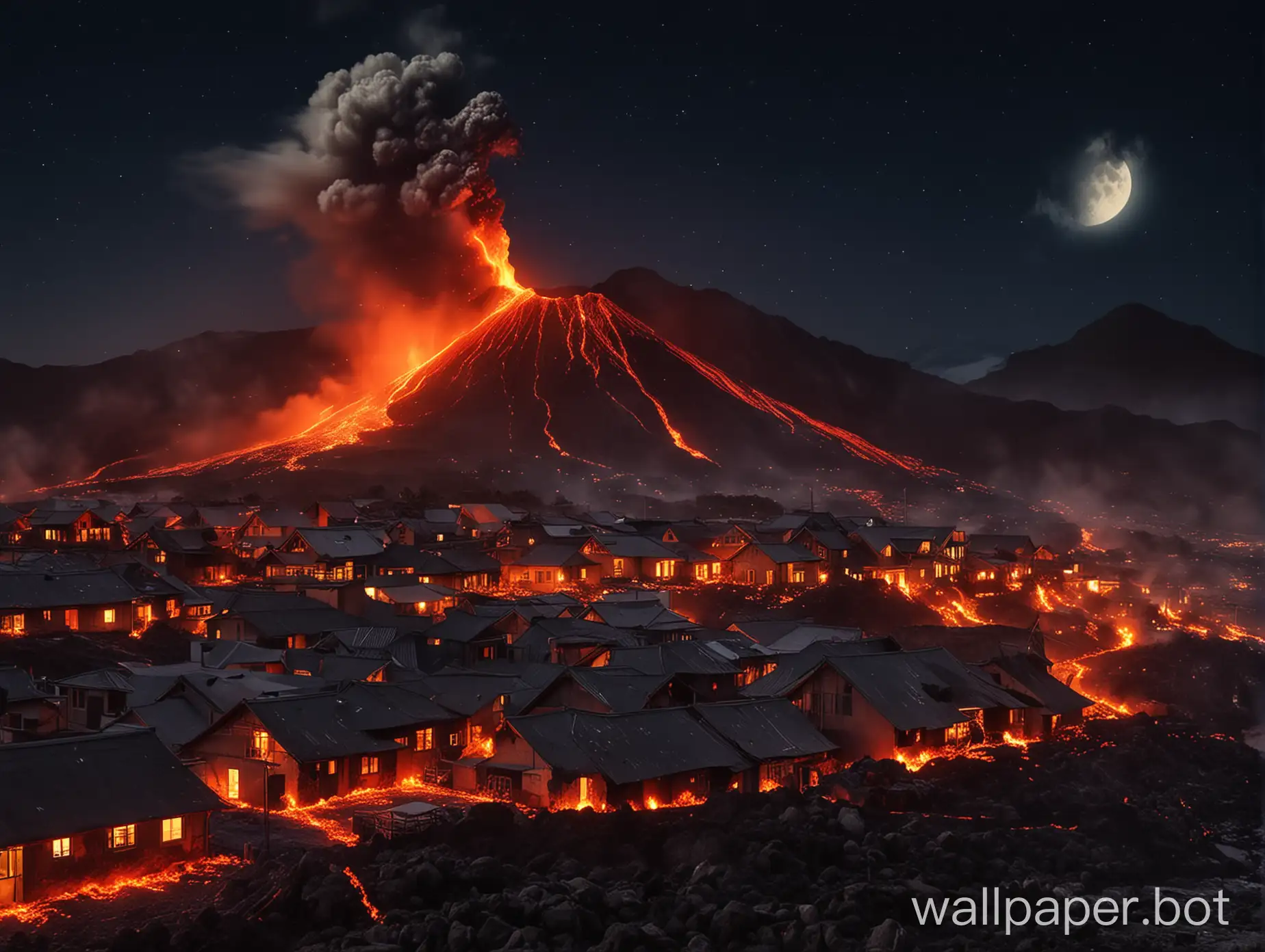 hot lava flows down the slope of an erupting volcano onto village houses. night. brightly shines moon.
