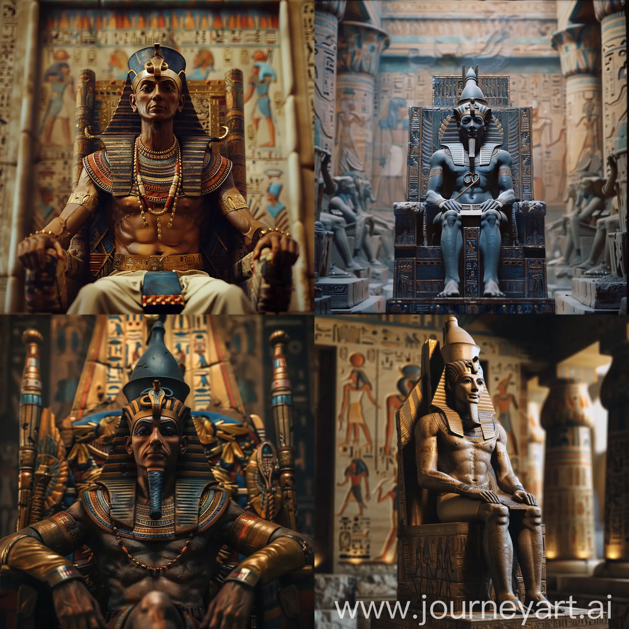  A realistic photograph of Pharaoh Ramesses II seated on his throne, captured with an 8mm camera, high detail, cinematic lighting