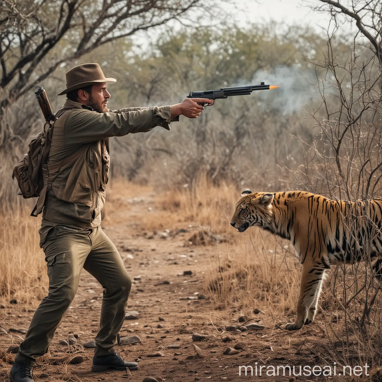 A man with a gun shooting a wild animal