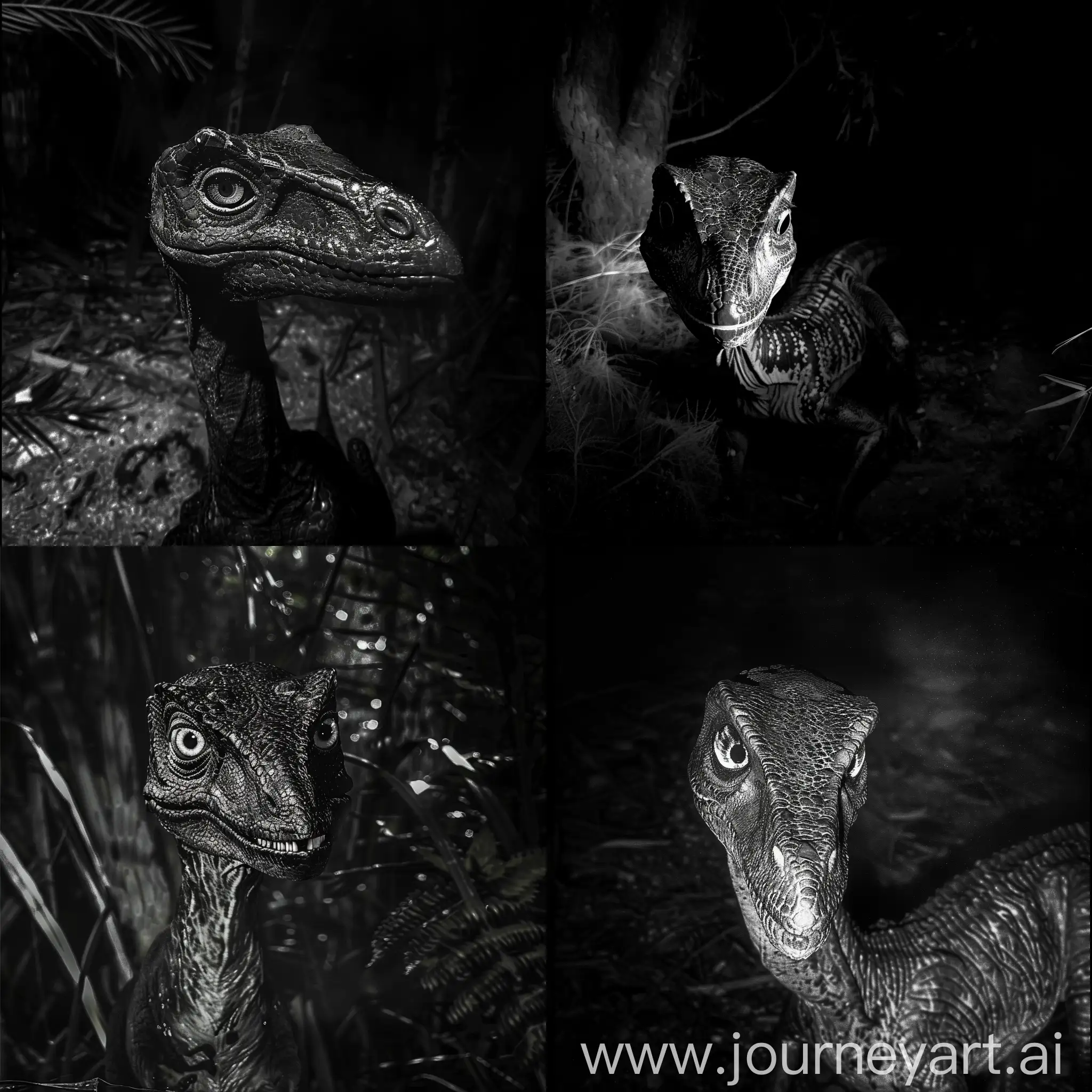 Velociraptor caught on security camera at night, looking at camera, eyes shining on night camera, Velociraptor black and white night camera dusty environment