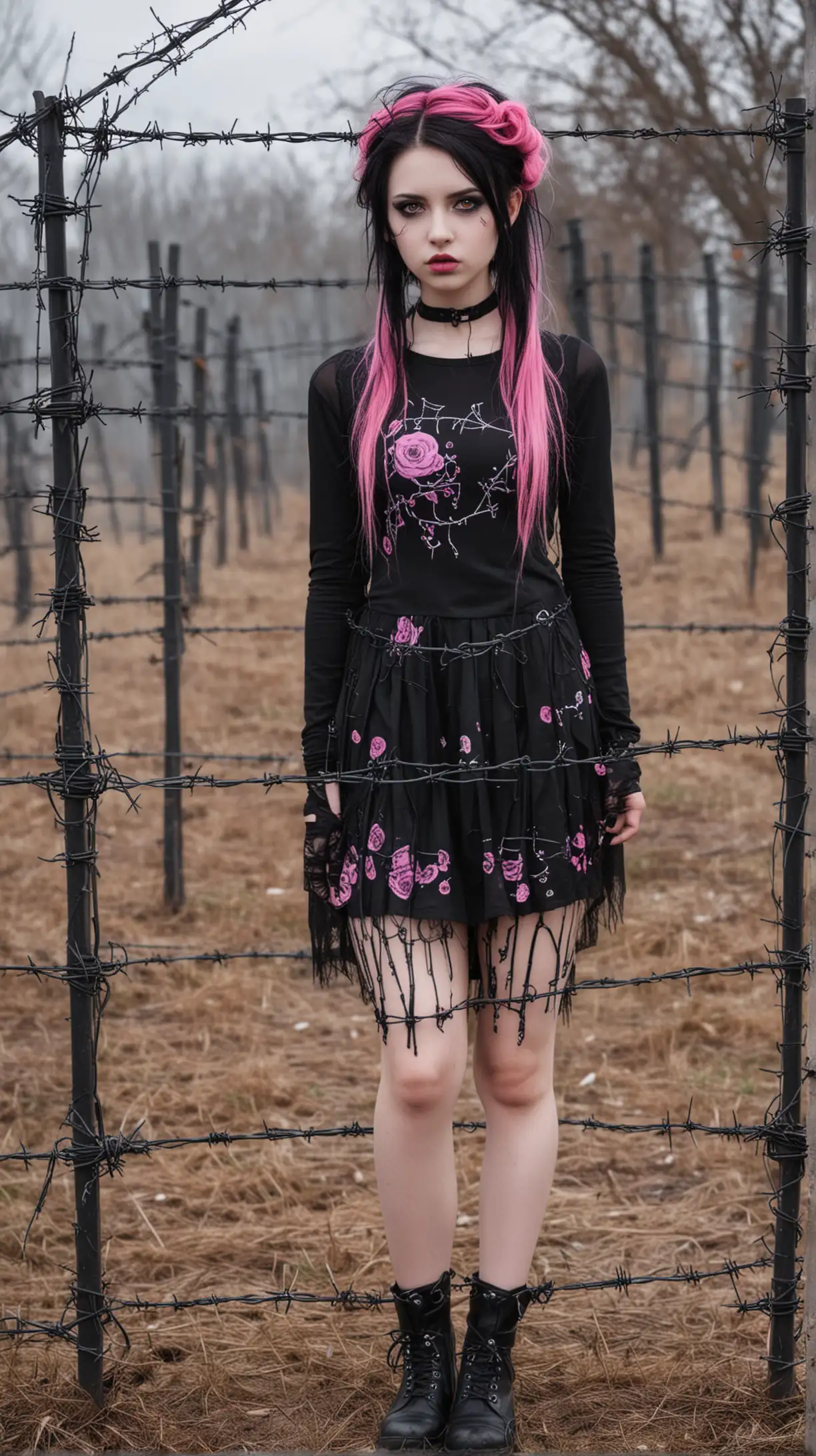 Pretty goth girl, make it pink themed. surrounded by barbed wire
