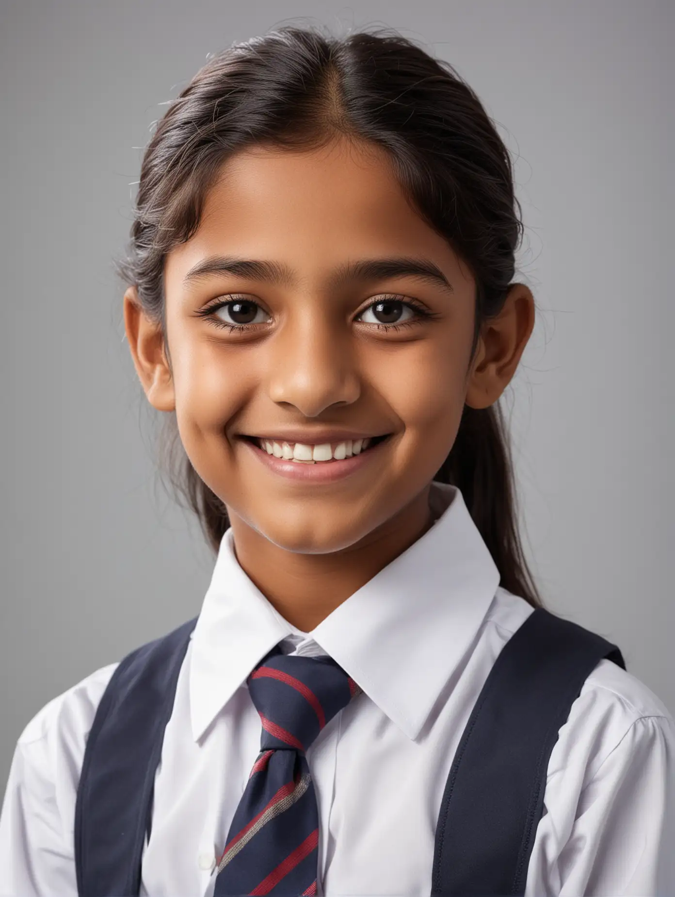 photograph of an Indian high-grade elementary student, single person, wearing school uniform, smile, pure background