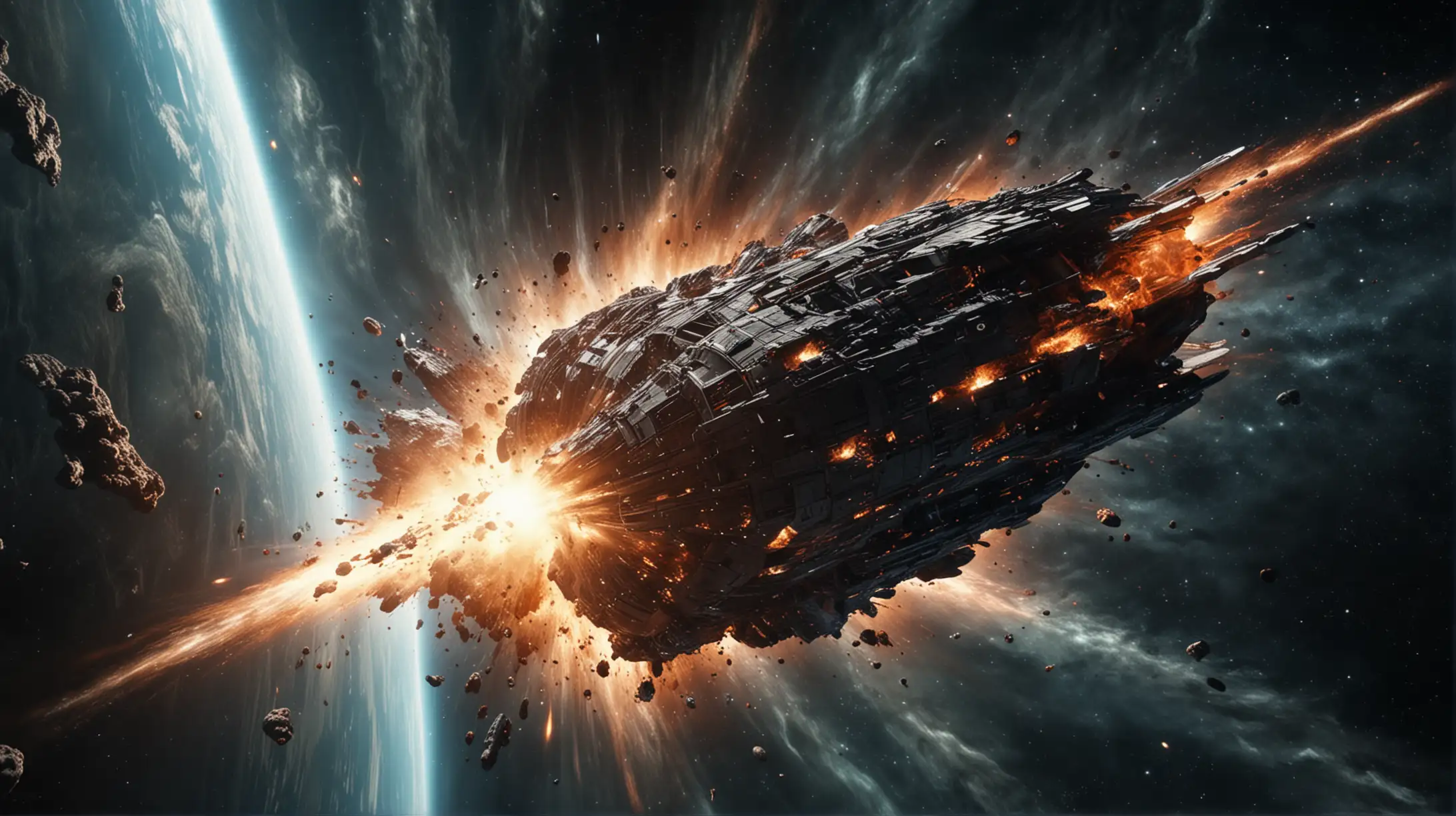 Explosive Destruction of a Grand Interstellar Spaceship in Deep Space