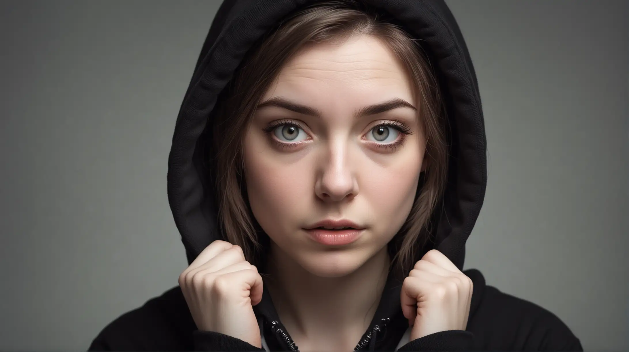 Classic portrait-style photography, nerdy girl, late 20's, black hoodie down, porcelain white skin, intelligent, shy, terrified eyes, photo realistic, cinematic lighting