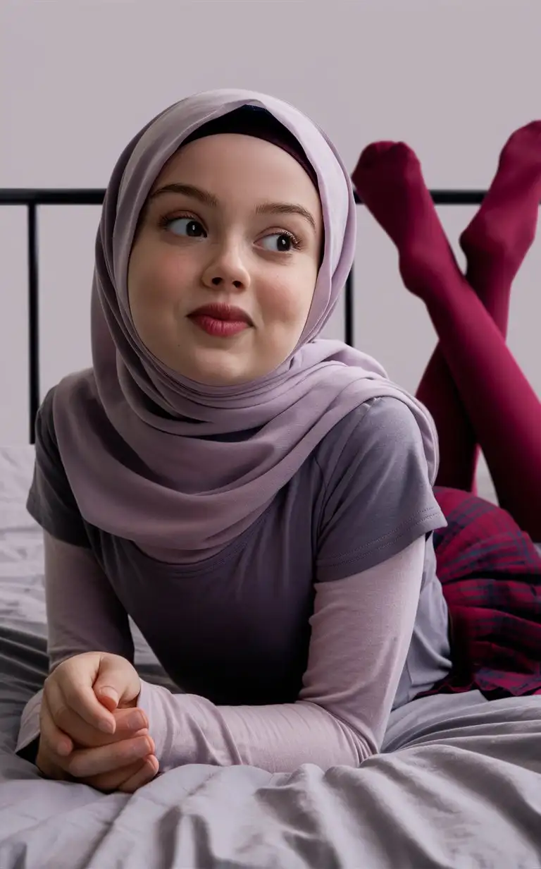 A innocent girl.  14 years old. She wears a hijab, skinny t-shirt, so mini school skirt, burgundy opaque tights,
She is beautiful. She lie on the bed.
Side eye view, petite, plump lips.  Elegant, pretty