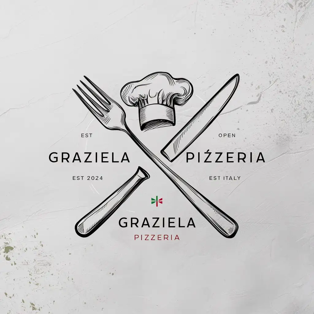 GRAZIELLA Pizzeria logo , Restaurant logo , Crossed Fork and Knife , Slogan Slice of Italy , Minimal , EST 2024 , White background , Italian colors , Sketched Chef's Hat ,