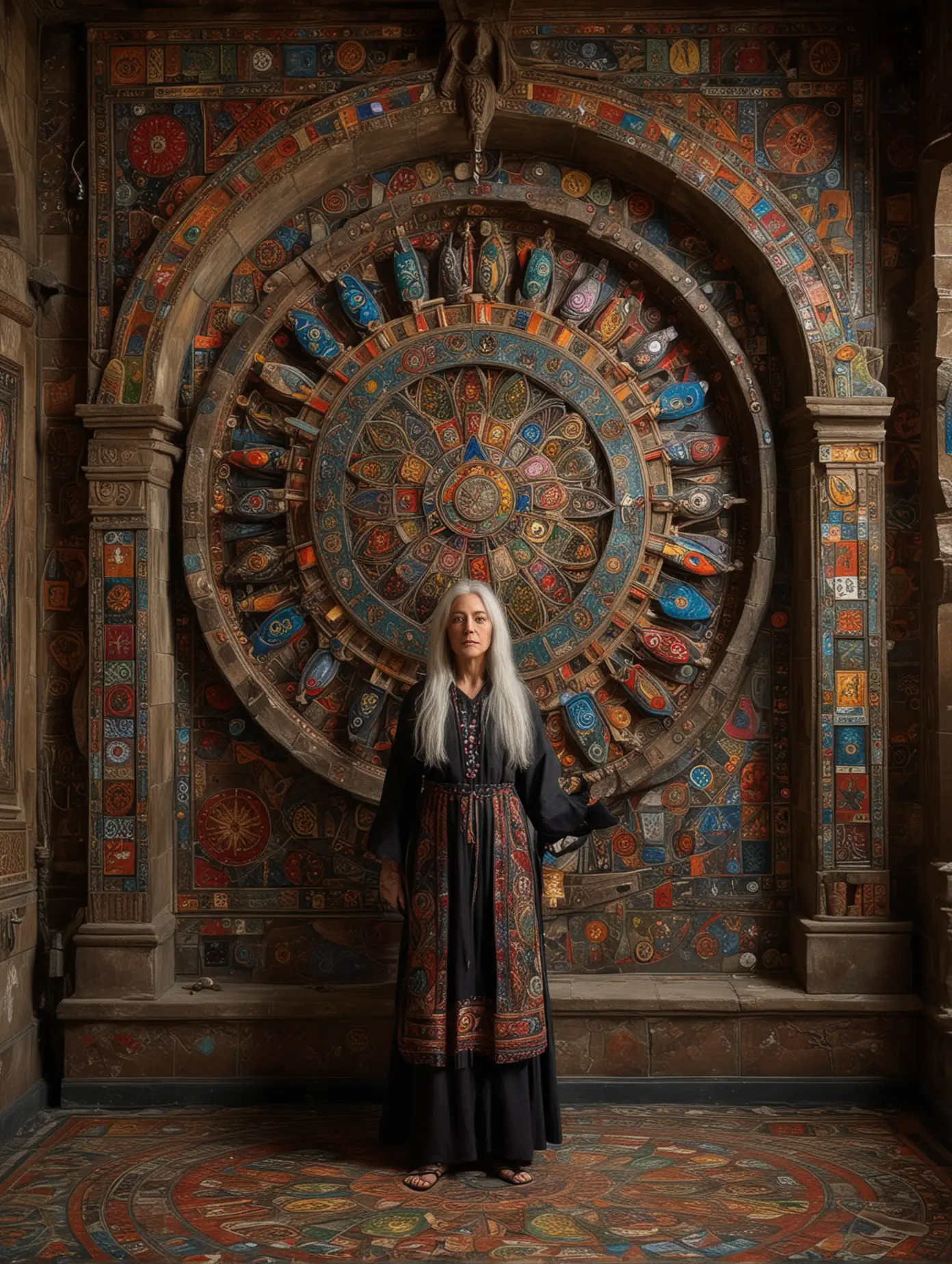 A large shining hanging very detailed photographic mechanical wheel of fortune : 1. | distant blind folded female shaman with long grey hair wearing a colorful tunic adorned with mandalas and magical symbols : 1. | indoor of a vast gothic alchemical hall with carved walls in the back  : .9 | mosaic floor with fractal patterns : 1. | glass amphora and bottles with magical signs : .9 | walls painted with colorful magical symbols : 1. | dark, nordic atmosphere : 1. | highly detailed,high precision,focus on textures, photographic, hyperrealistic : 1. 