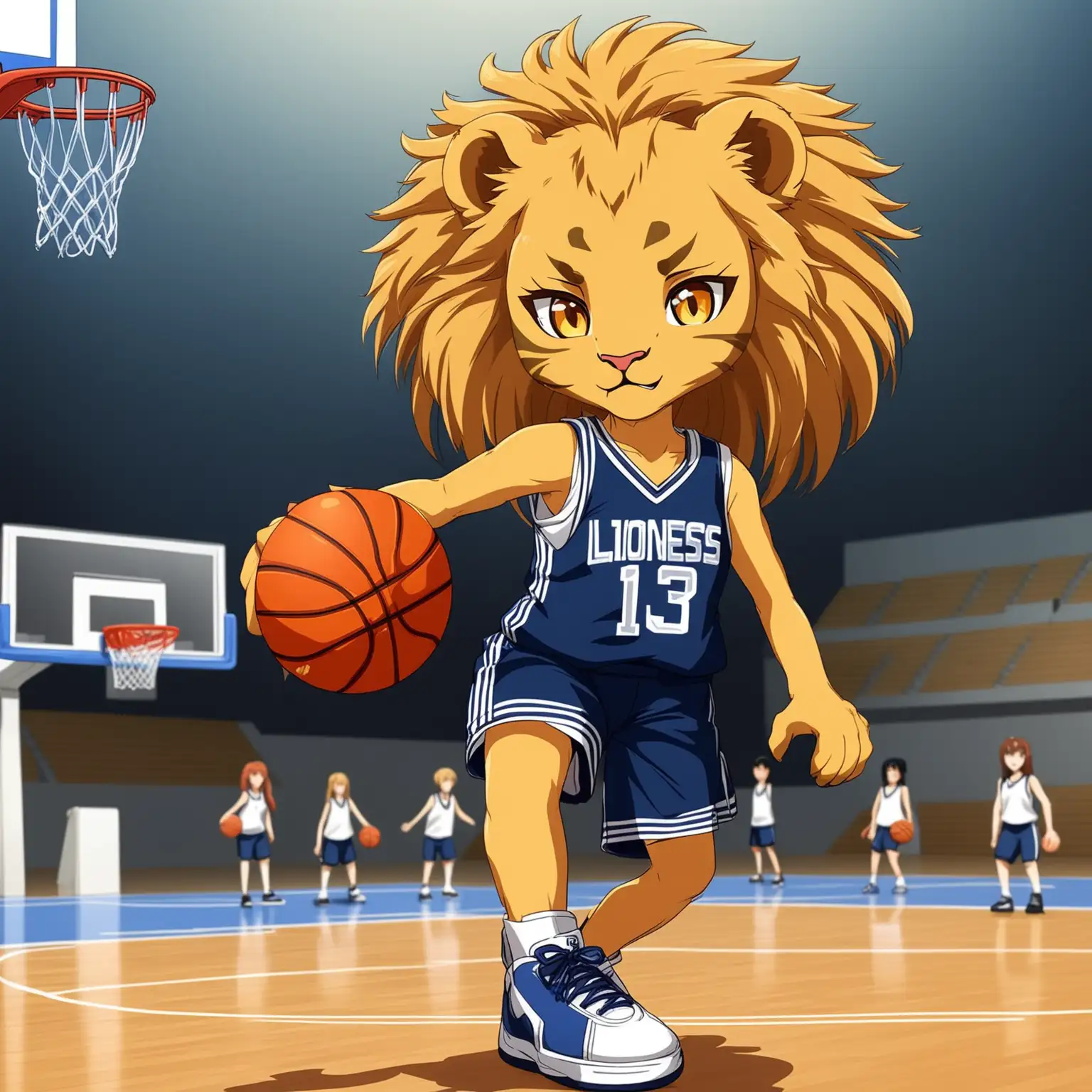 Anime Lioness Playing Basketball on a Vibrant Court in White Blue and Navy Blue Uniform