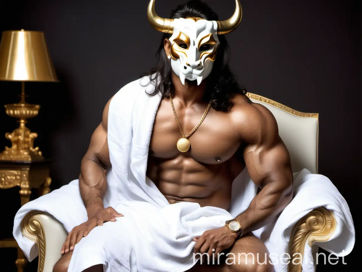 Muscular Indian Man in Bull Mask and Towel Sitting on Luxurious Chair
