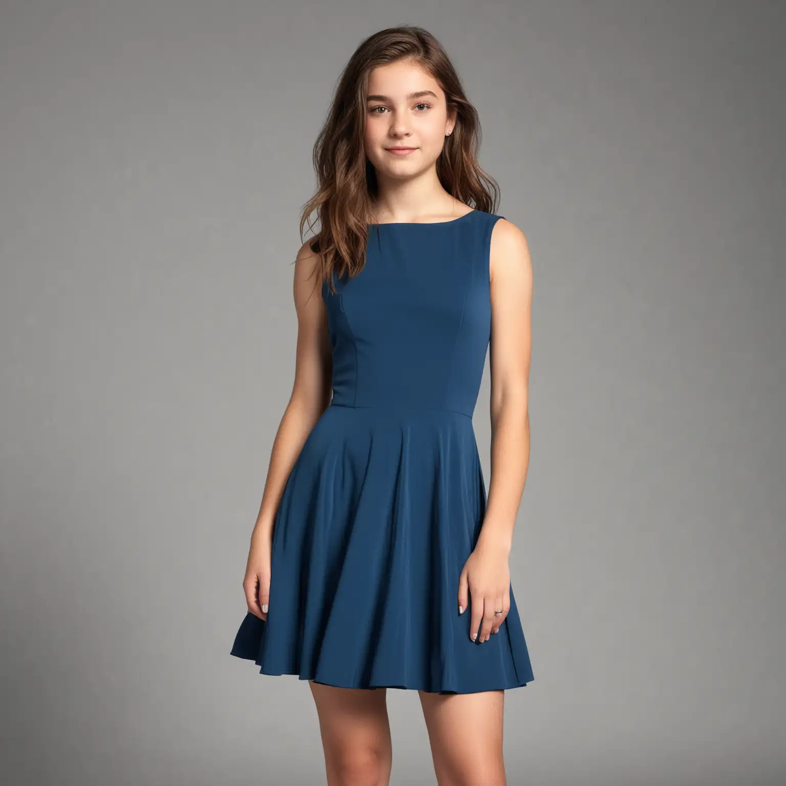 A 15-year-old girl wearing a short blue dress
