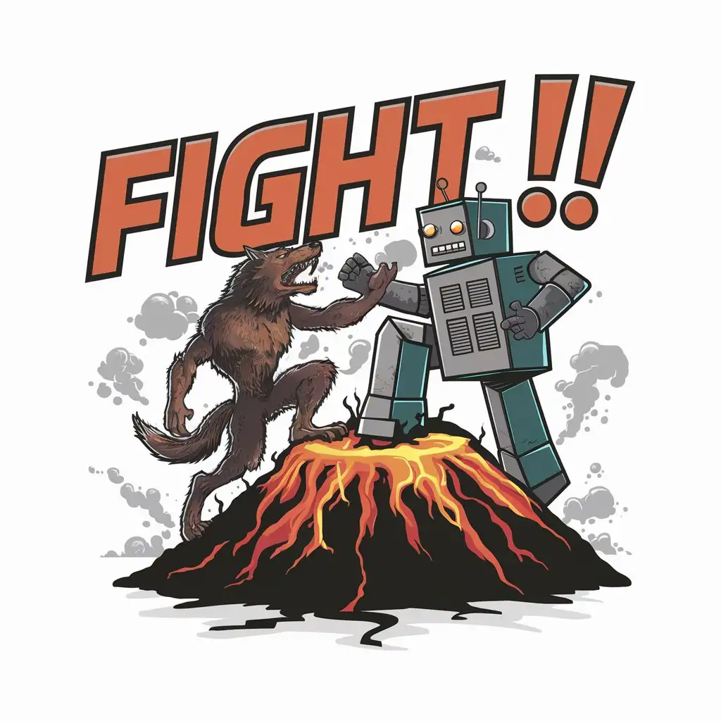 a logo design,with the text Fight!!, main symbol:an old school boxy robot with antenna battles a mutant werewolf on top of an active volcano,Moderate,clear background