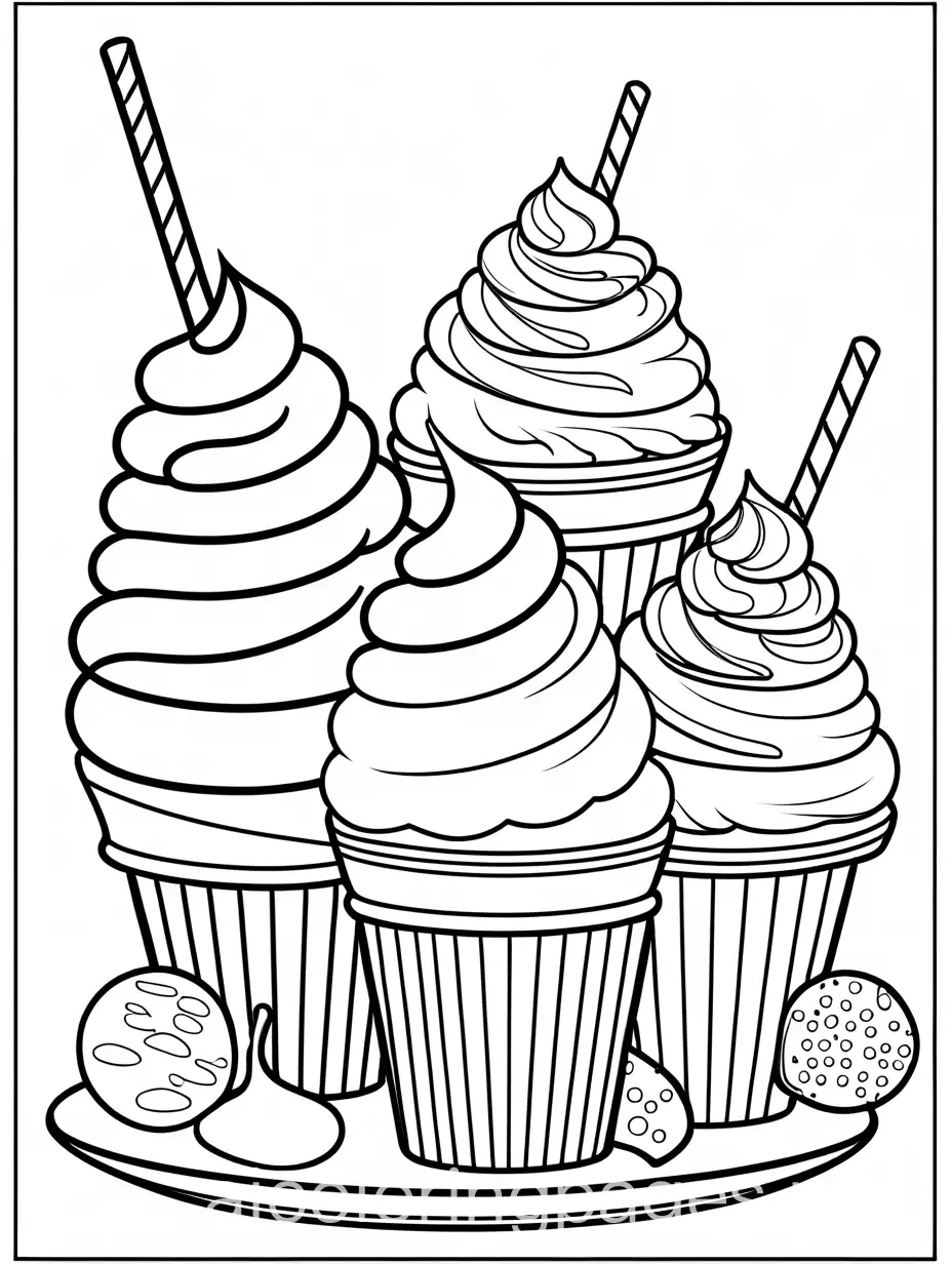 create a coloring page of  ice cream, Coloring Page, black and white, line art, white background, Simplicity, Ample White Space. The background of the coloring page is plain white to make it easy for young children to color within the lines. The outlines of all the subjects are easy to distinguish, making it simple for kids to color without too much difficulty