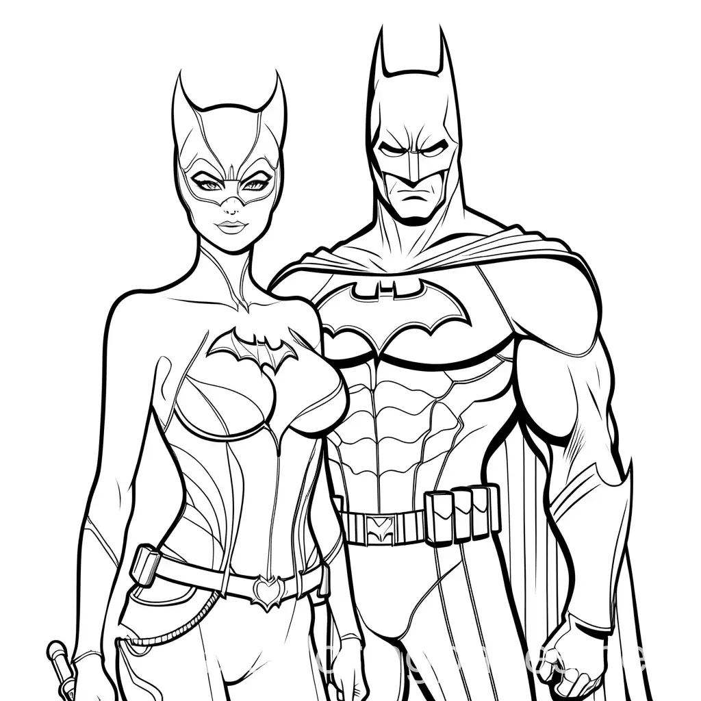 catwoman nad batman, Coloring Page, black and white, line art, white background, Simplicity, Ample White Space. The background of the coloring page is plain white to make it easy for young children to color within the lines. The outlines of all the subjects are easy to distinguish, making it simple for kids to color without too much difficulty