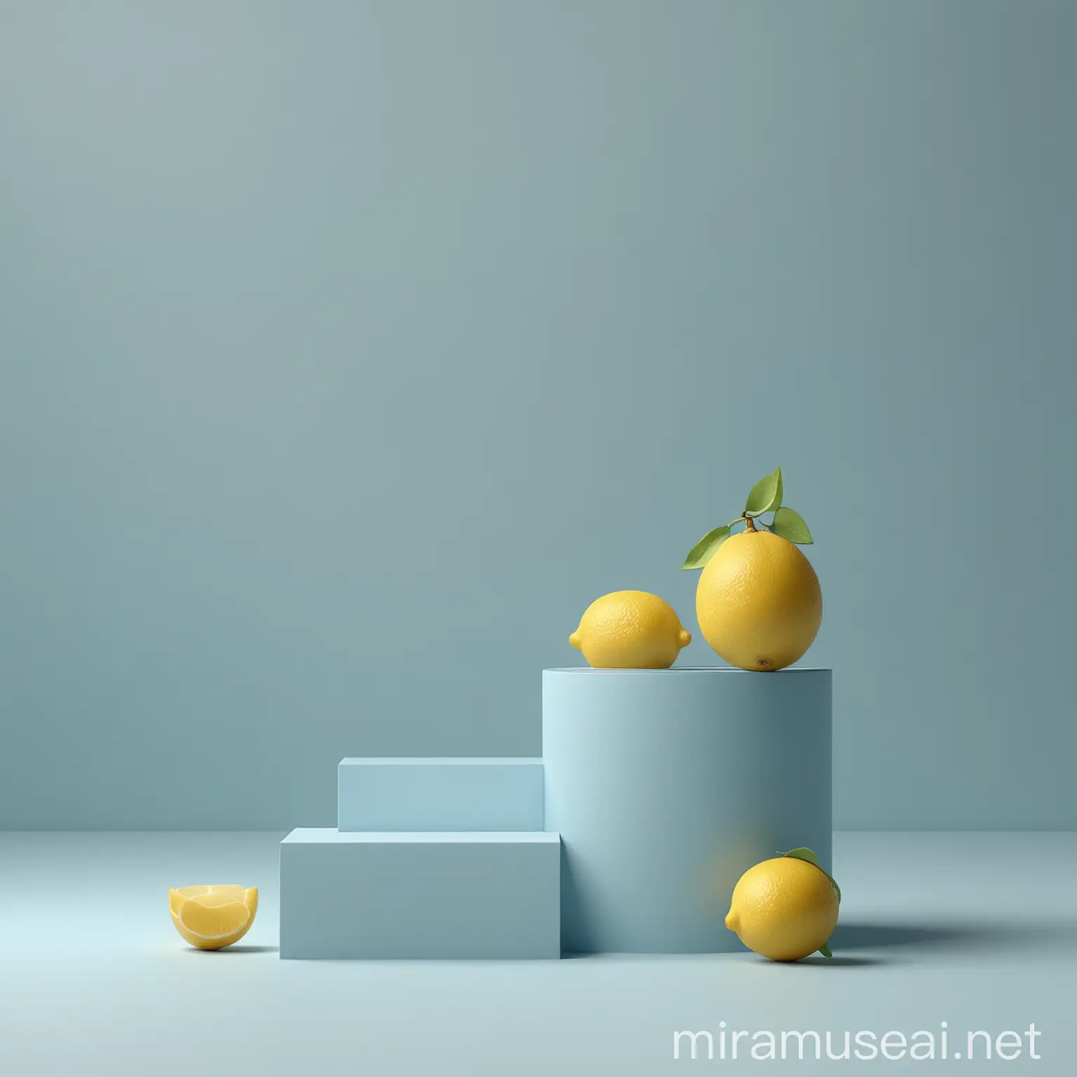 Baby Blue Color Background Mockup with 3D Podium and Lemon