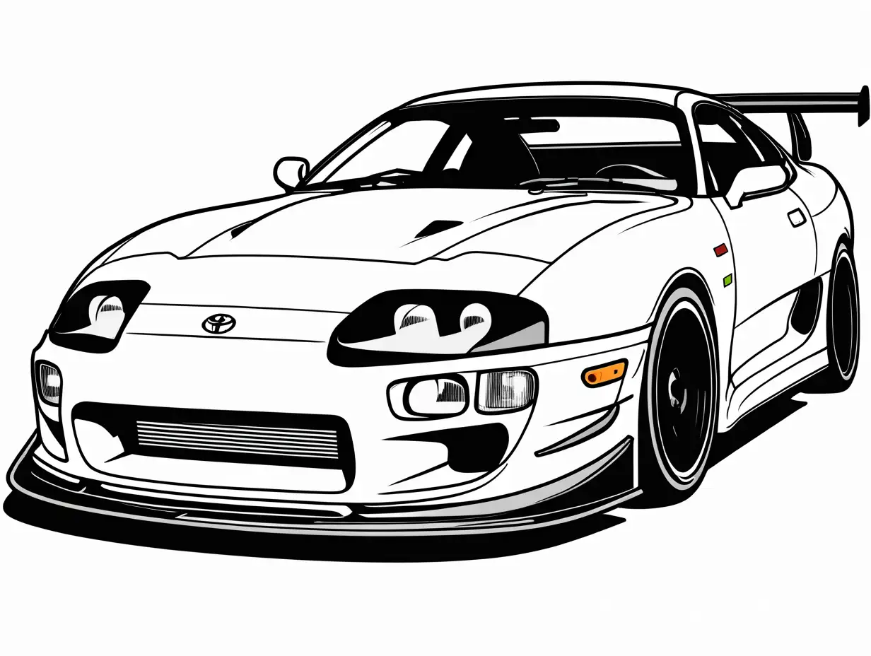 modified Mk4 Toyota Supra  coloring page, Coloring Page, black and white, line art, white background, Simplicity, Ample White Space. The background of the coloring page is plain white to make it easy for young children to color within the lines. The outlines of all the subjects are easy to distinguish, making it simple for kids to color without too much difficulty