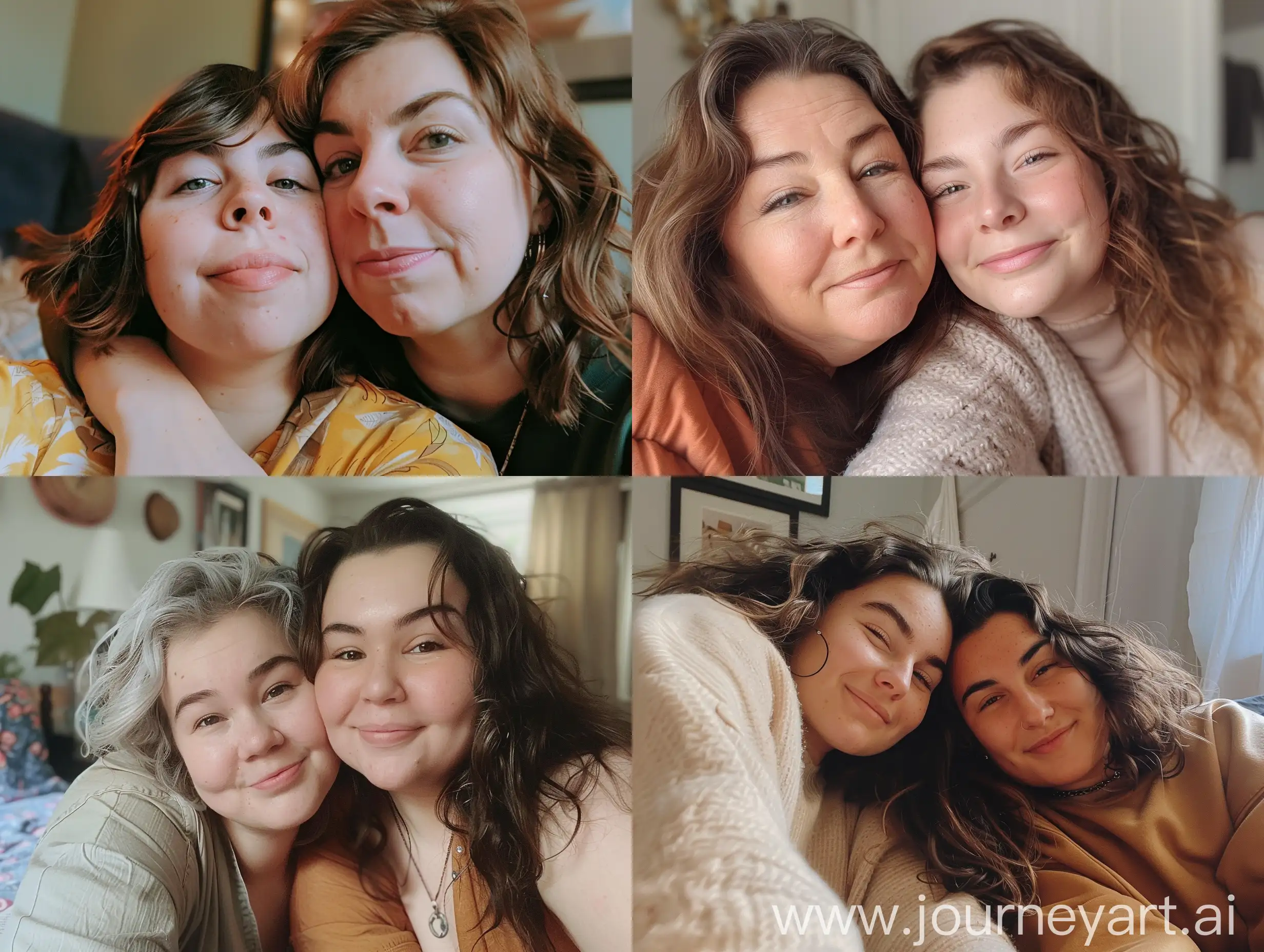 Aesthetic Instagram selfie of an average and slightly chubby mother and her 16 year old daughter, close up, NYC apartment, Adorable, cute, happy