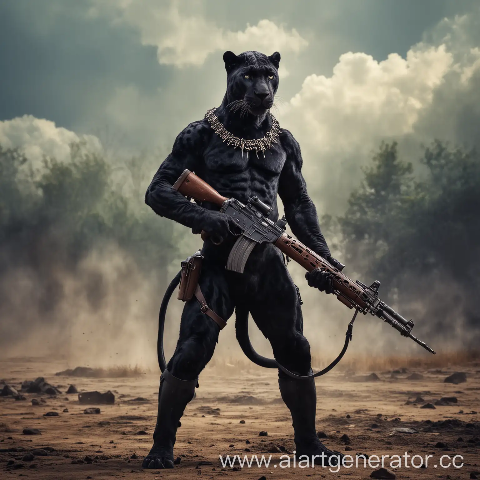 Пантера стоит в военной форме с оружием в руках