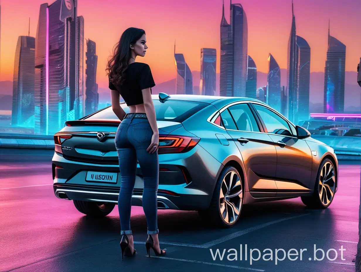 fuller shape woman visible from the back. She has long darkbrown hair  (her face isn't visible), wearing black t-shirt with cleavage, jeans and high heels standing near of grey opel insignia grandsport. The car is visible from the front. background is a futuristic city at sunset, synthwave style