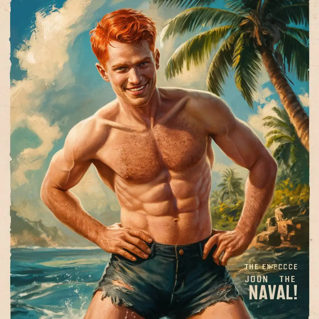 A full body pin-up WW2 poster in the vintage photographic style of Bob Mizer, featuring a hunky, shirtless redhead sailor encouraging people to join the navy. The sailor has a rugged, hairy chest and a charming, sun-kissed smile, reflecting the tropical Sun of Asia. His short ginger hair gleams under the bright sunlight, and his muscular physique is showcased in a confident, alluring pose. The background captures a lush, tropical paradise with palm trees and a clear blue sky, emphasizing the adventurous and exotic nature of naval service. The sailor's shorts are slightly tattered, adding a touch of ruggedness to his appearance, and he stands proudly, exuding both strength and charisma. The poster's text invites viewers to 'Join the Navy' and experience the excitement and camaraderie of life at sea, all while basking in the sailor's magnetic allure