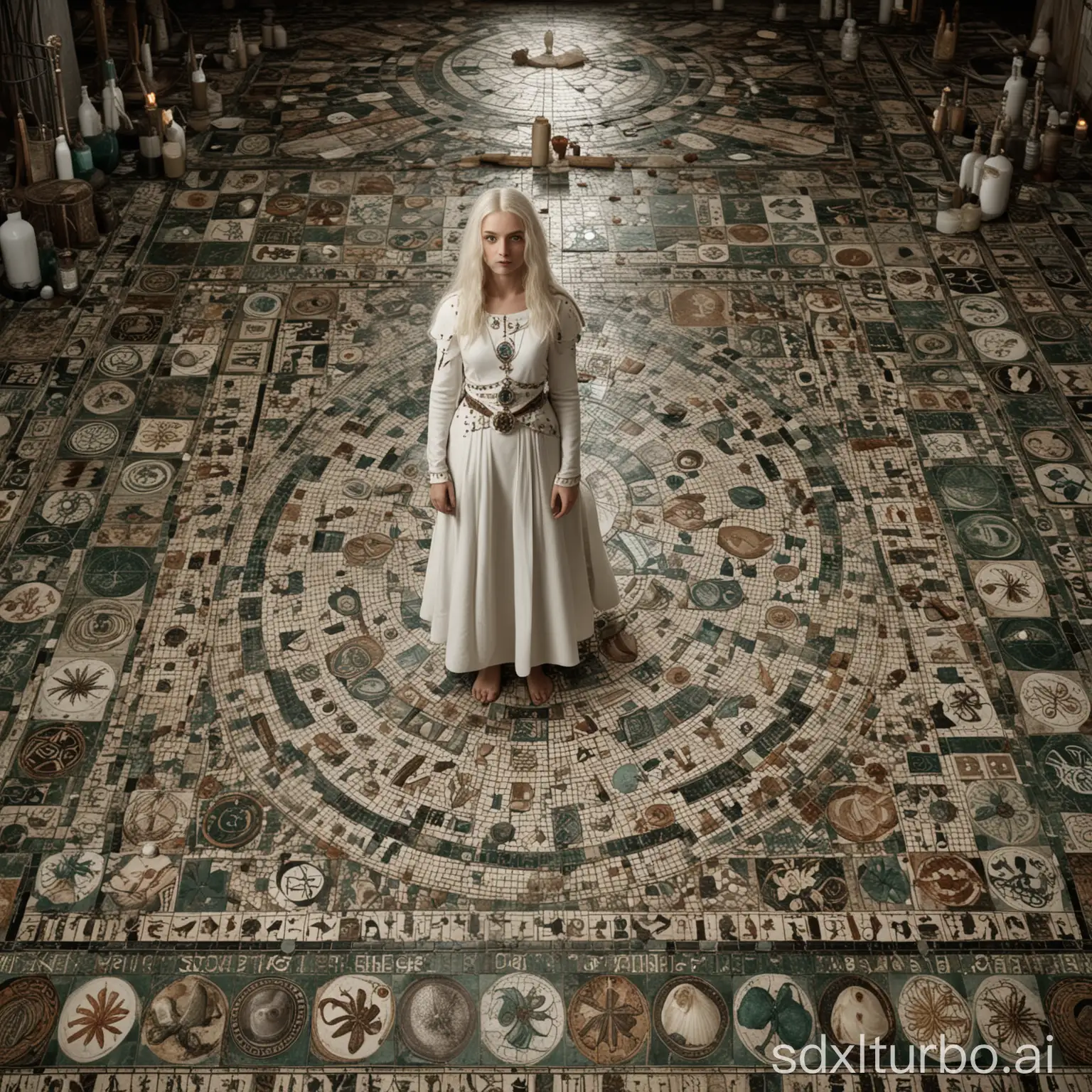 High precision photograph of a vast indoor gothic alchemical laboratory : .9  | mosaic floor with detailed astrological symbols : .9 | seashells and amphoras : 1.0  | a distant female viking shaman with long white hair, wearing a (white adorned tunic with dark green symbols :) 1.0  | flowers in bottles : .6  | chiaroscuro, clear,bright atmosphere | highly detailed background, focus on textures, hyperrealistic, no blur : 1.
