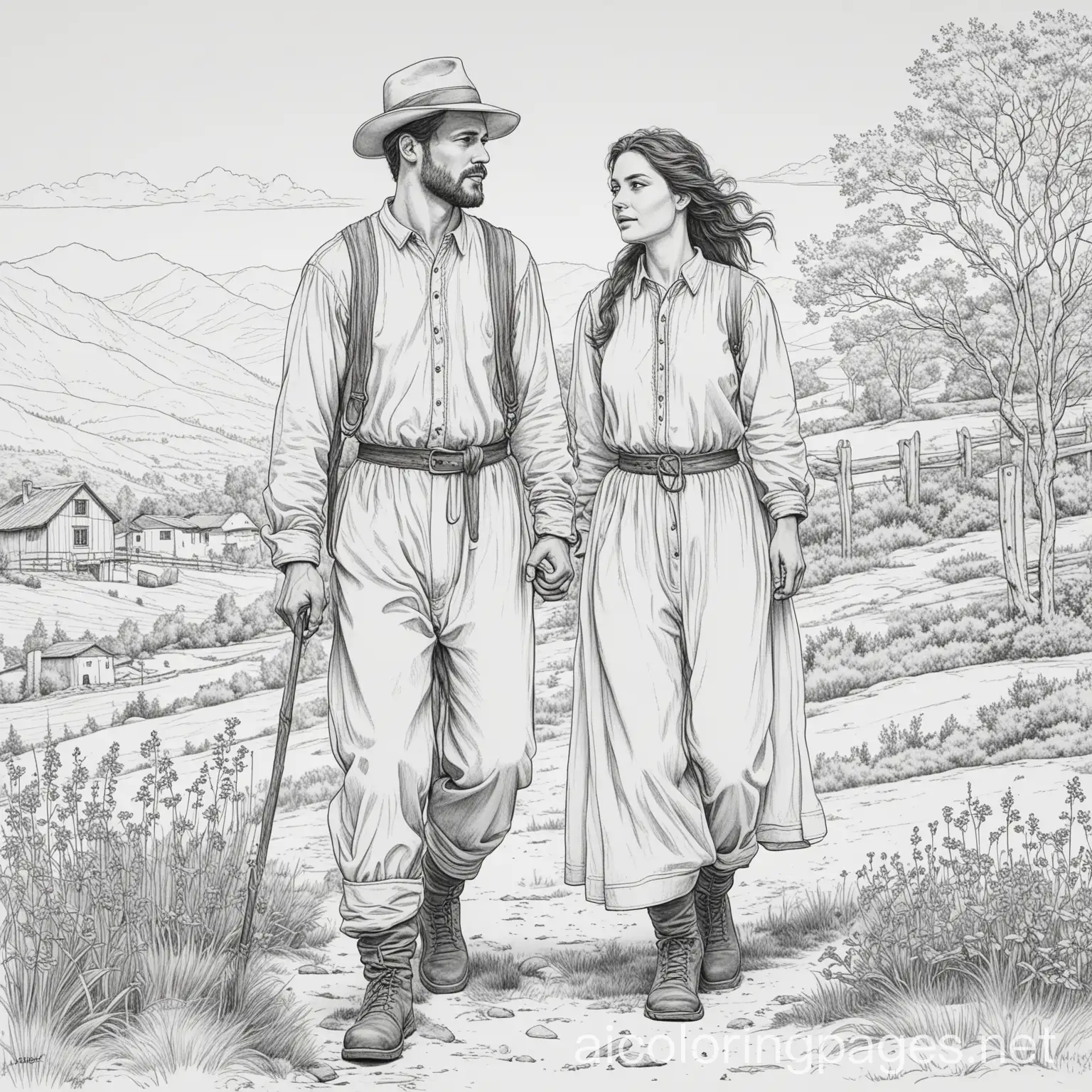 A man and women outdoors from Romania, Coloring Page, black and white, line art, white background, Simplicity, Ample White Space. The background of the coloring page is plain white to make it easy for young children to color within the lines. The outlines of all the subjects are easy to distinguish, making it simple for kids to color without too much difficulty