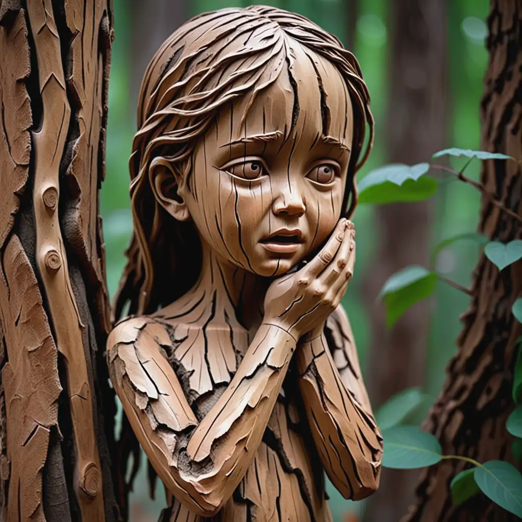 Девушка деревянная статуя ее кожа покрыта корой вместо рук растут ветки вместо ног корни вместо волос листья лицо деревянное. Девушка плачет