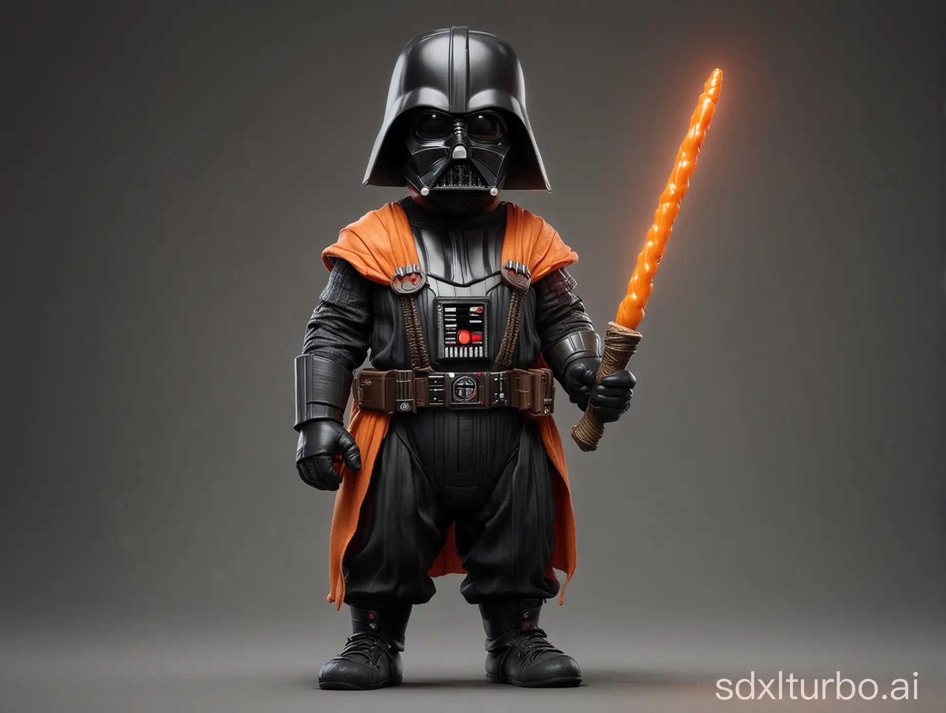 Darth Vader as a Dwarf with a carrot light saber and a dwarf cap and dungarees