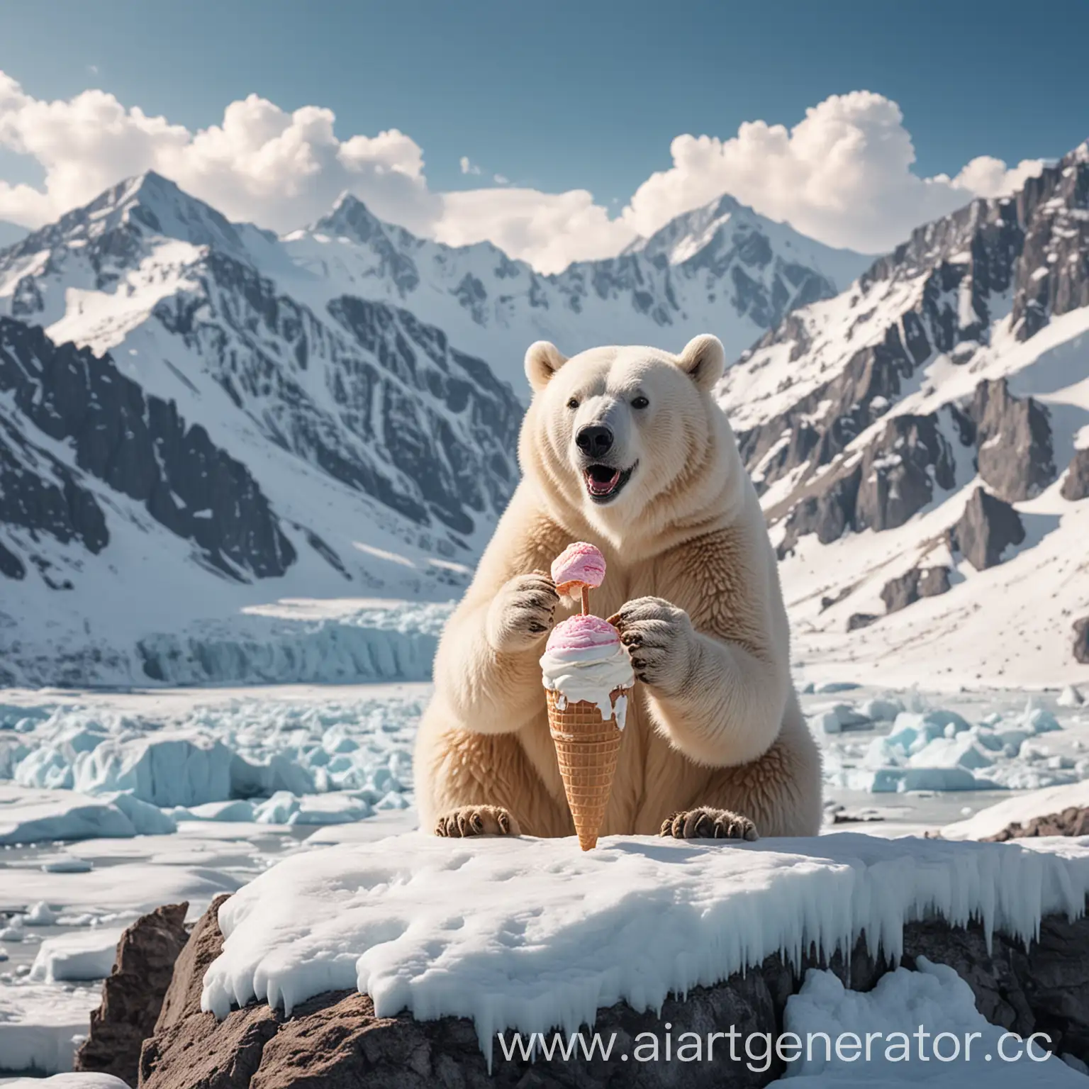 white bear eats ice cream on  ice mountains background