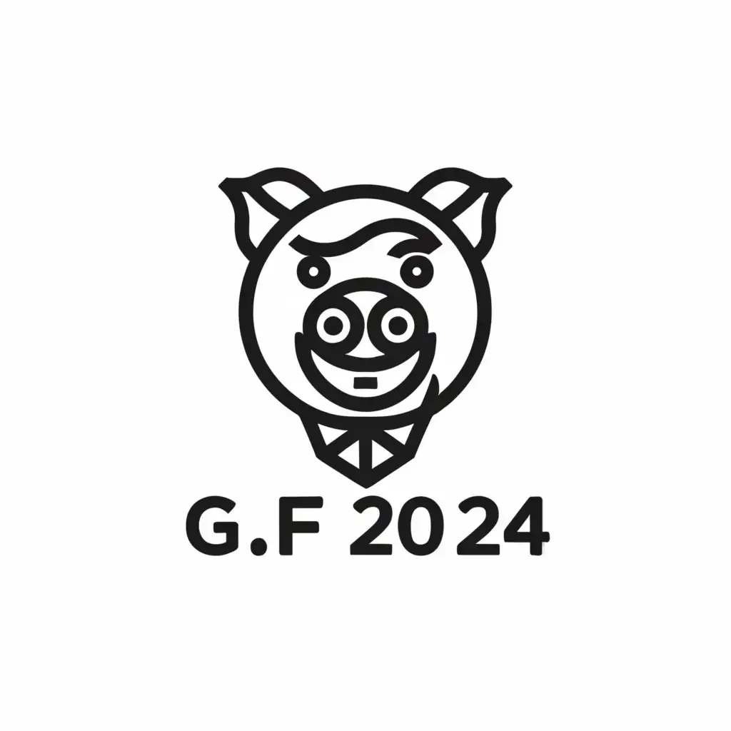 a logo design,with the text "G F 20 24", main symbol:A Stylized logo showing the smiling face of a pig wearing a tie. Logo has to be simple, black and white.,Minimalistic,be used in Events industry,clear background