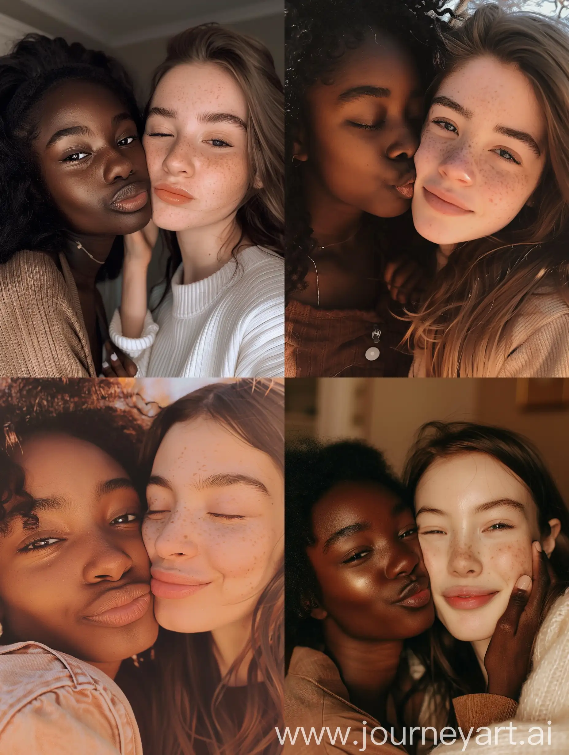 Aesthetic Instagram selfie of two girls, best friends, close up selfie, kissing cheek, adorable, warm brown tones, one black girl, one white girl 